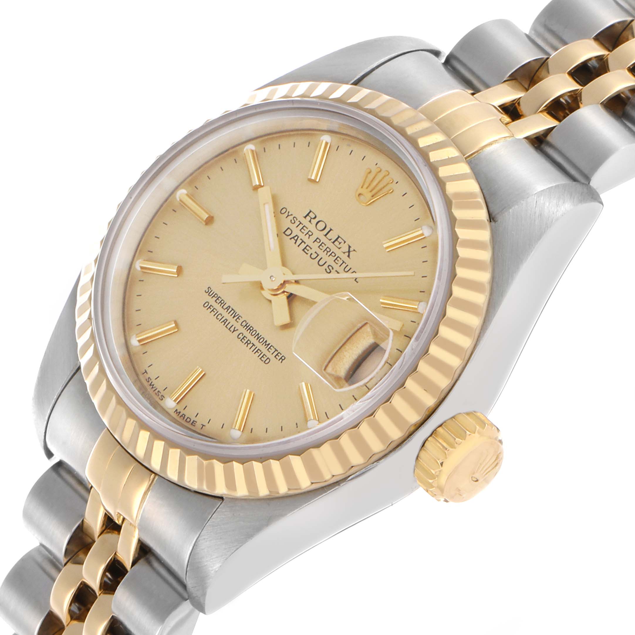 The Rolex Datejust 69173 Women's Steel and Gold (two tone) Champagne Dial is shown at a slight angle, highlighting the dial, fluted bezel, crown, and Jubilee bracelet.