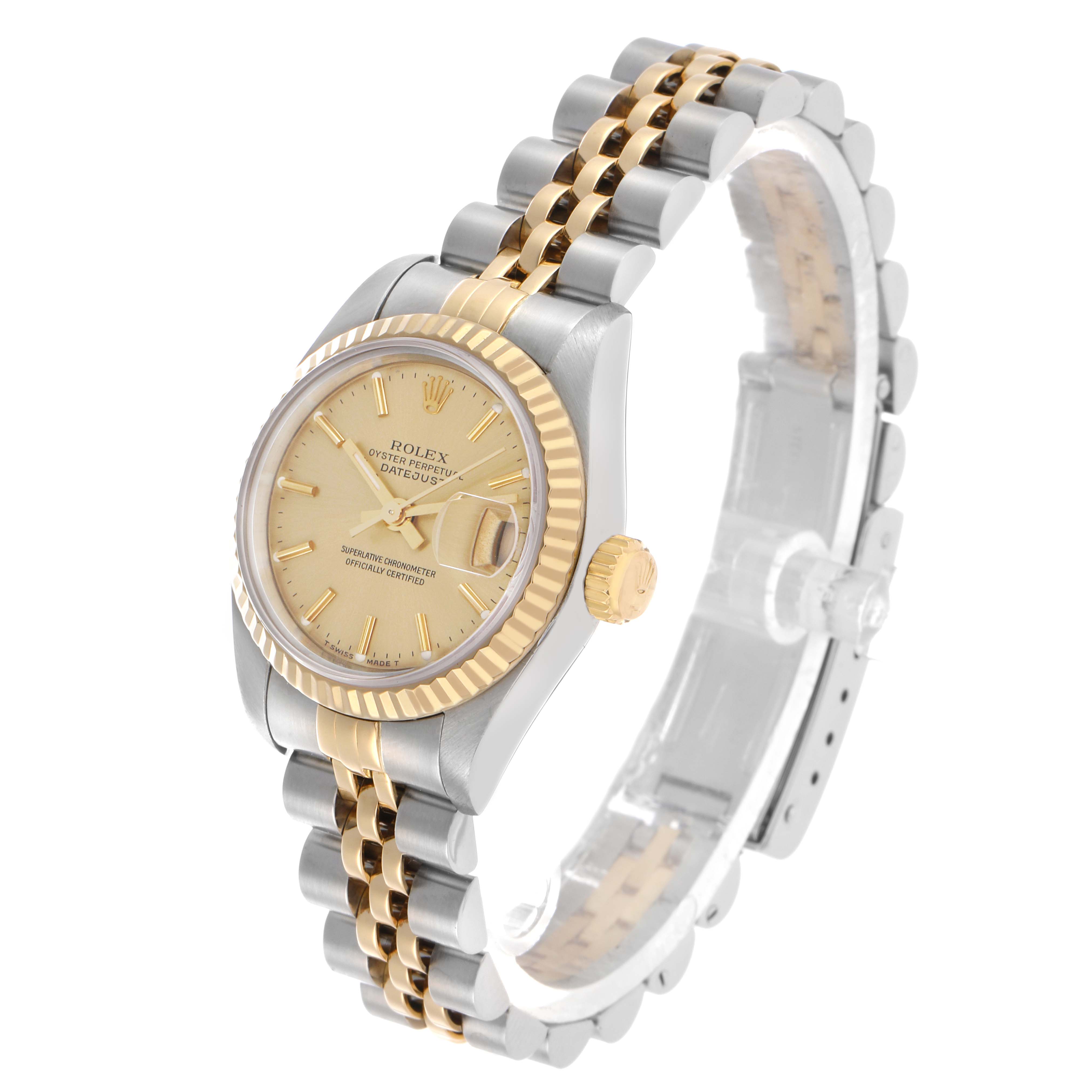 The Rolex Datejust 69173 Women's Steel and Gold (two tone) Champagne Dial watch is shown at a slight angle, displaying the face, crown, and a side view of the two-tone bracelet.