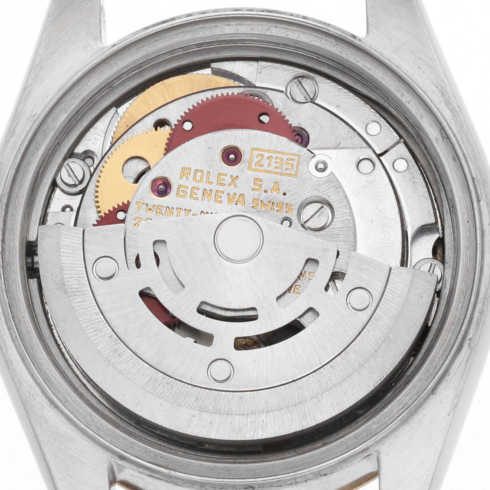 The image shows the movement of a Rolex Datejust 69173 Women's Steel and Gold (two tone) Champagne Dial watch from a back view, highlighting the rotor and gears.