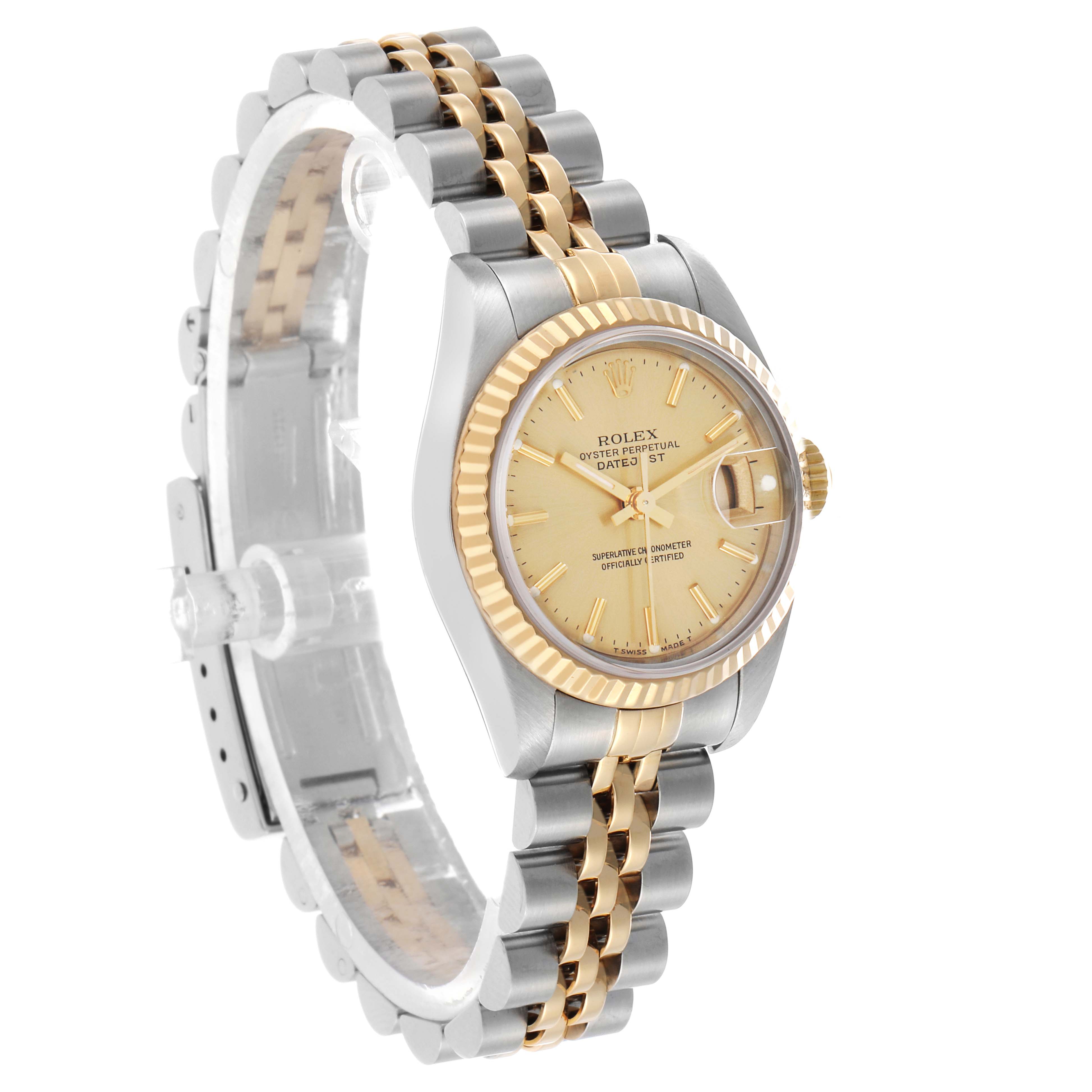 The Rolex Datejust 69173 Women's Steel and Gold (two tone) Champagne Dial watch is shown at a slight angle, displaying its face, bezel, and two-tone bracelet.