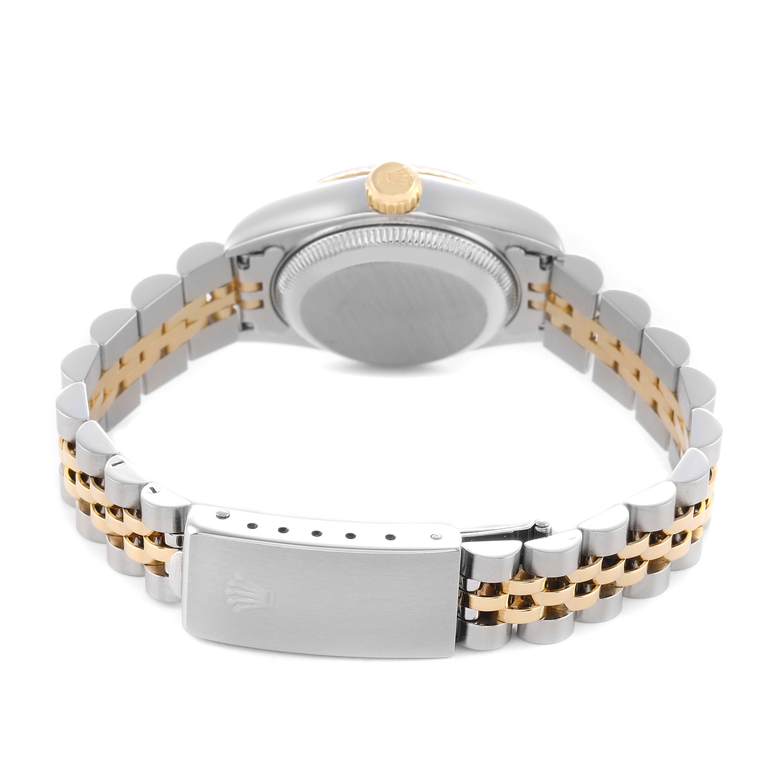 The image shows the back of a Rolex Datejust 69173 Women's Steel and Gold (two tone) Champagne Dial watch, highlighting the bracelet, clasp, and case back.