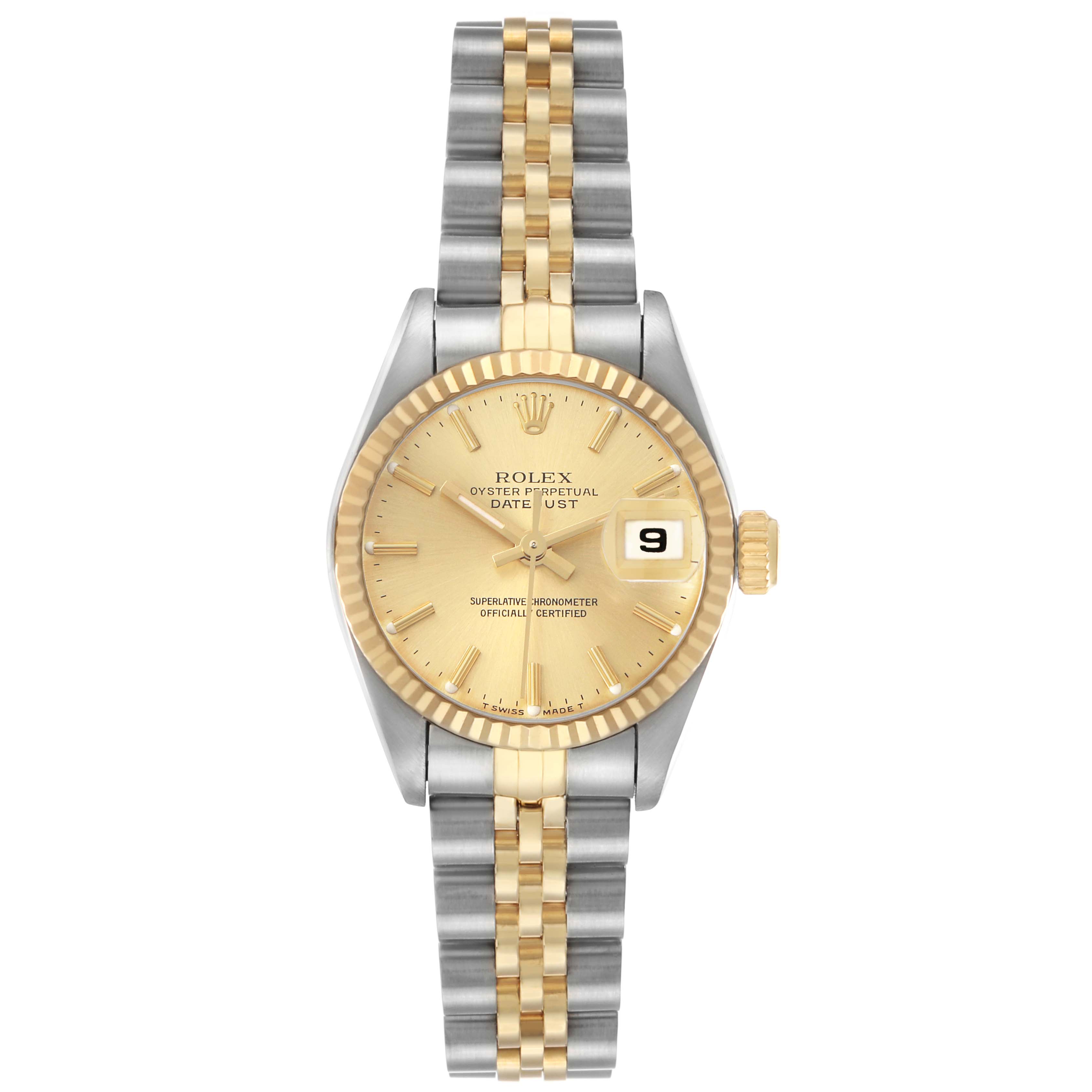 The Rolex Datejust 69173 Women's Steel and Gold (two tone) Champagne Dial watch is shown from a front view highlighting the dial, bezel, crown, and bracelet.