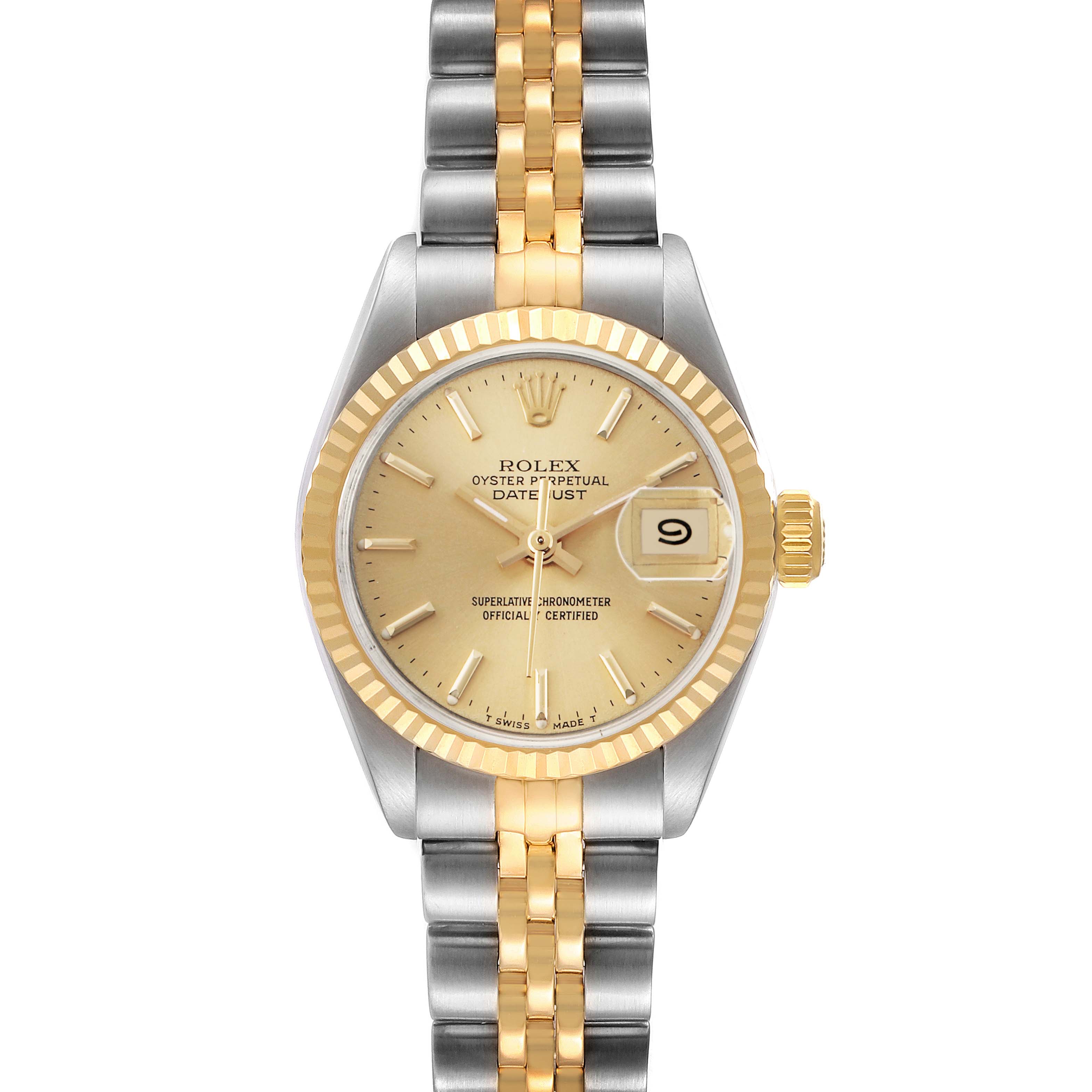 The Rolex Datejust 69173 Women's Steel and Gold (two tone) Champagne Dial watch is shown from the front, highlighting its gold dial, fluted bezel, and two-tone bracelet.