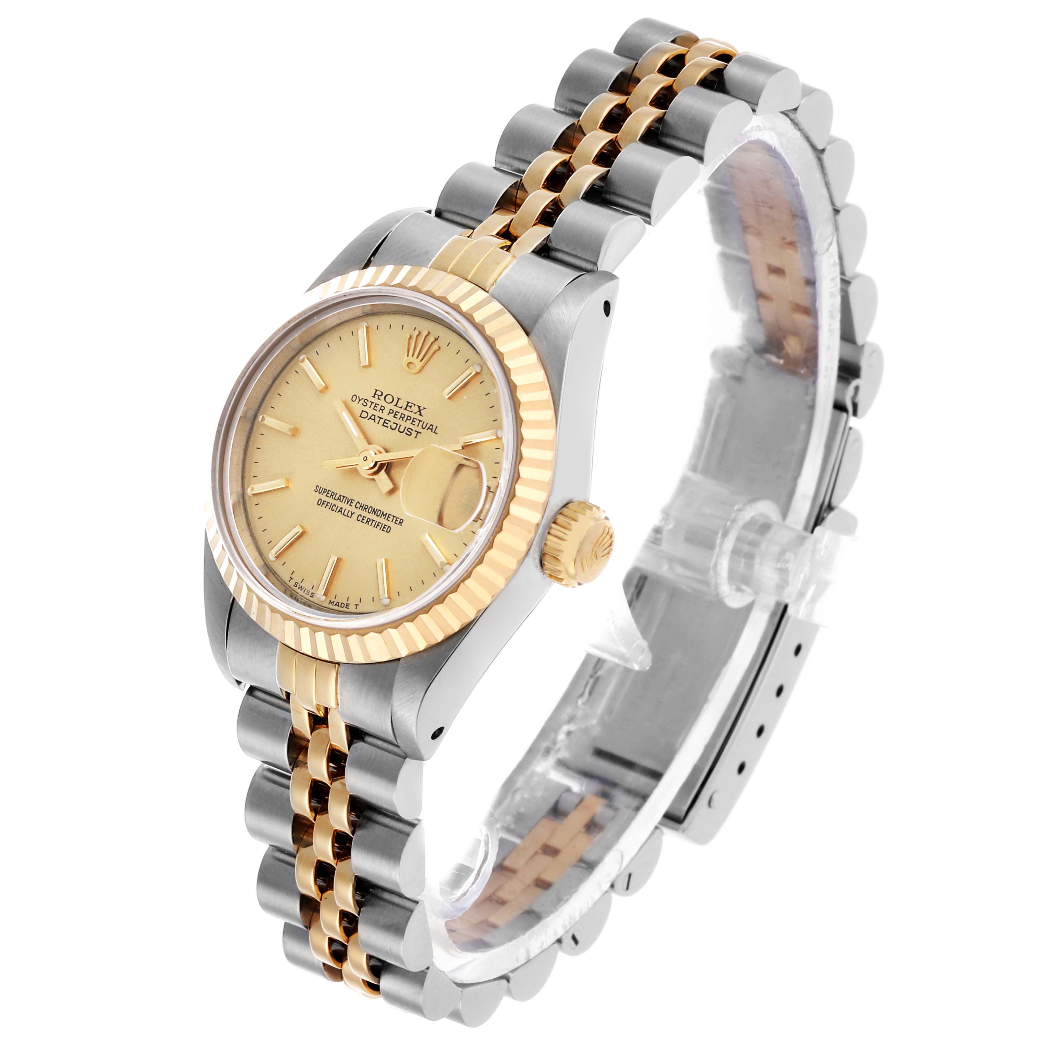 The Rolex Datejust 69173 Women's Steel and Gold (two tone) Champagne Dial watch is shown at a three-quarter angle, highlighting its dial, fluted bezel, and two-tone Jubilee bracelet.