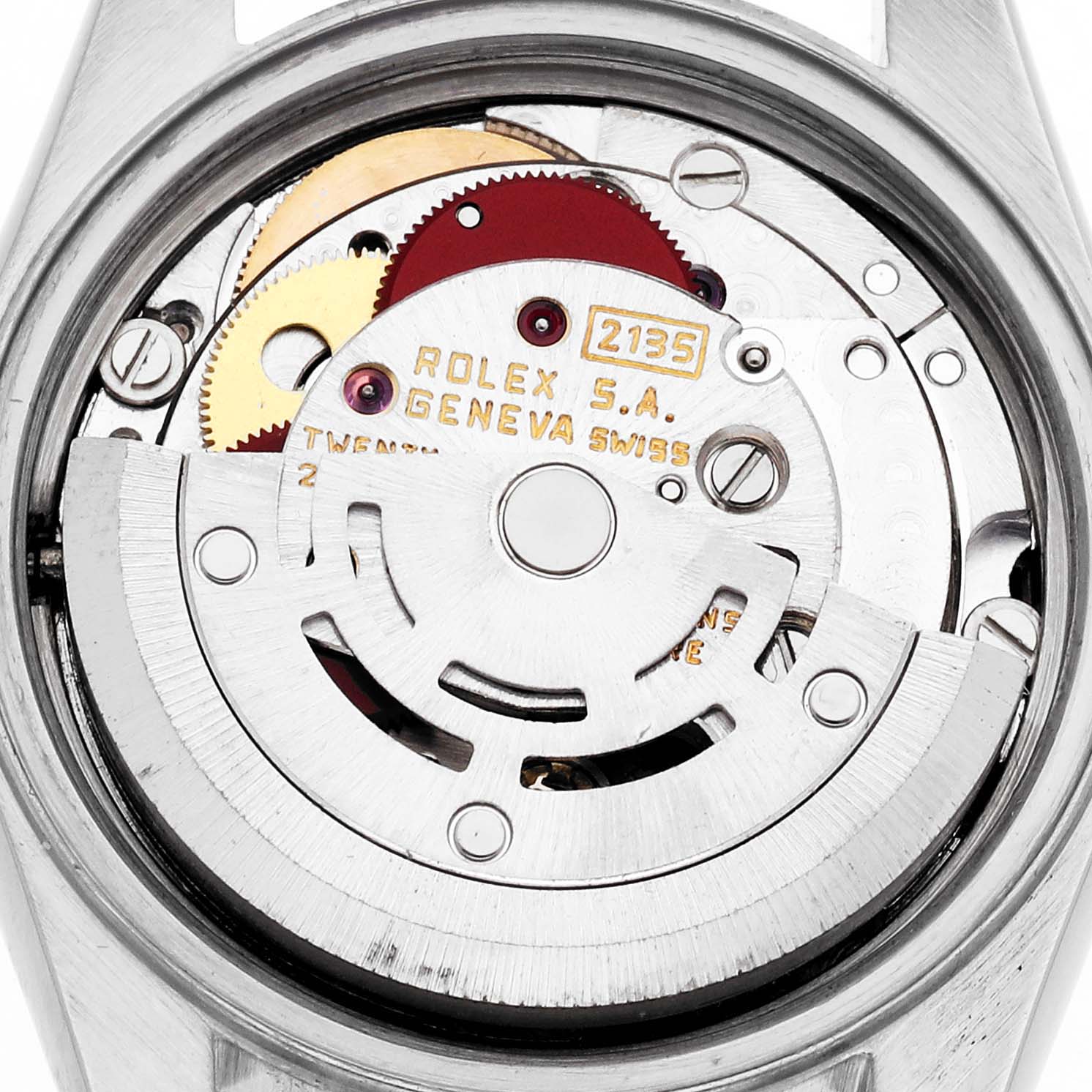 The image shows the movement of a Rolex Datejust 69173 Women's Steel and Gold (two tone) Champagne Dial watch, focusing on the gears and rotor from the back view.