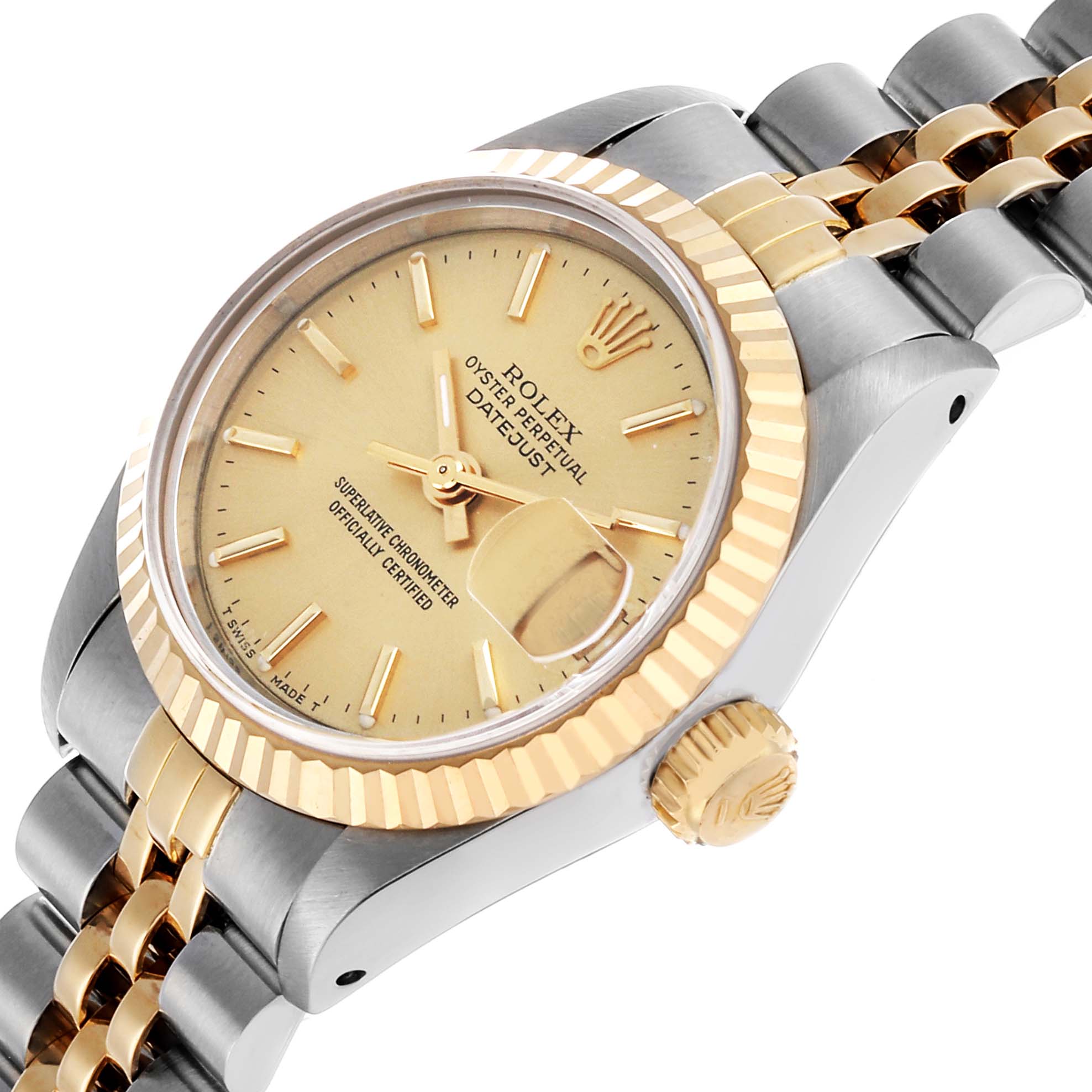 The Rolex Datejust 69173 Women's Steel and Gold (two tone) Champagne Dial is shown at a slight angle, highlighting its gold bezel, cream dial, and part of the jubilee bracelet.