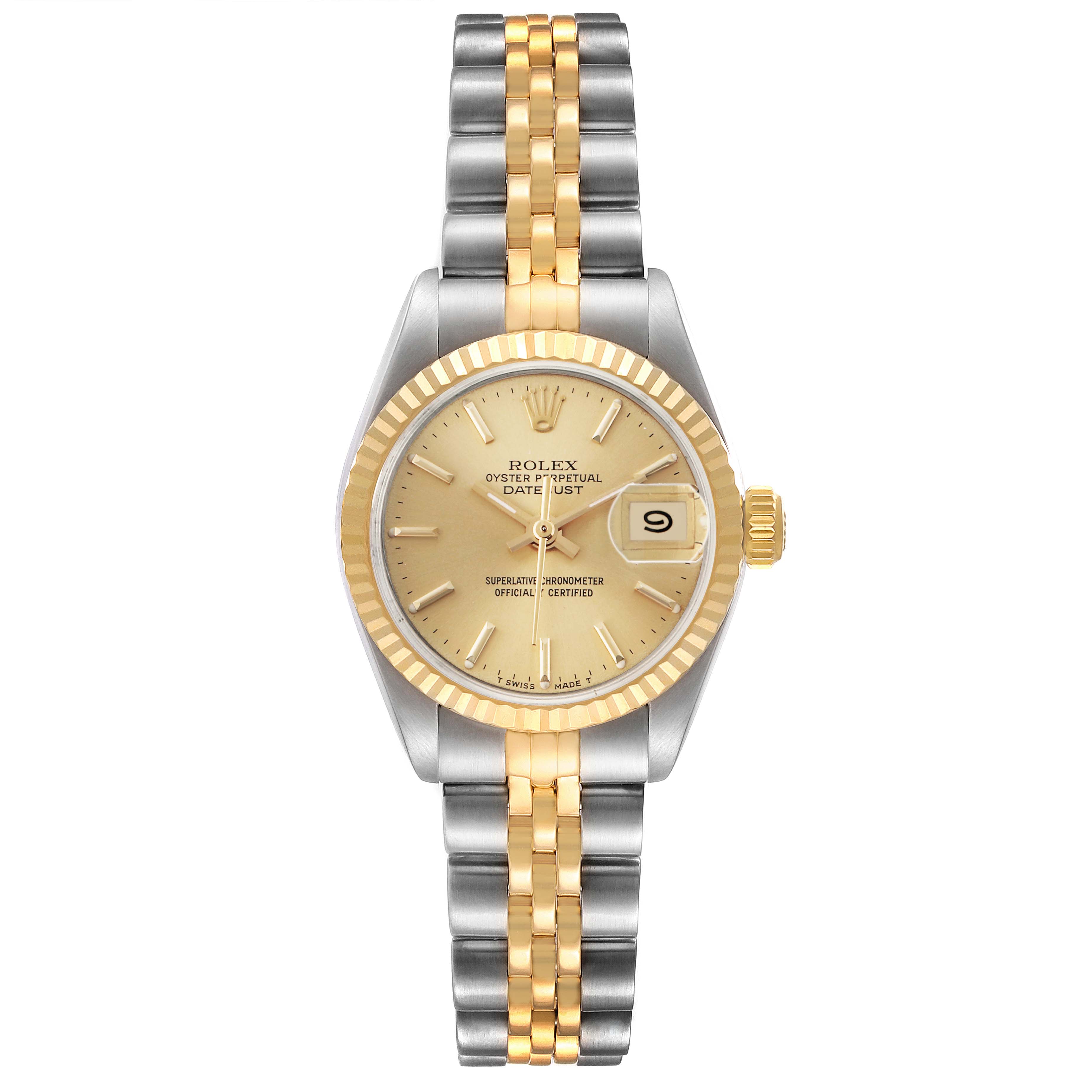 The Rolex Datejust 69173 Women's Steel and Gold (two tone) Champagne Dial watch is shown from a top-down angle, featuring its dial, bezel, crown, and two-tone bracelet.
