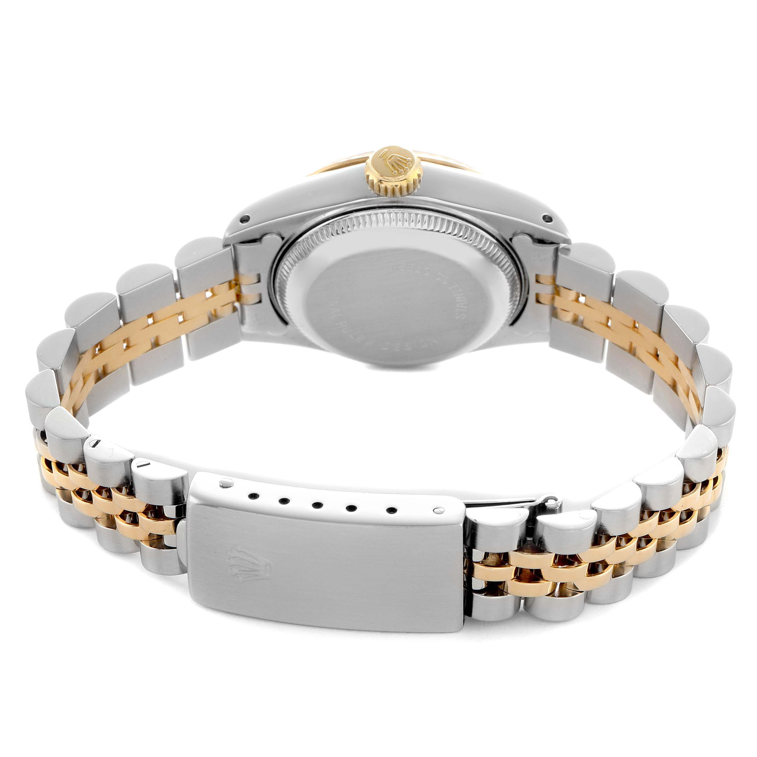 The image shows the back of a Rolex Datejust 69173 Women's Steel and Gold (two tone) Champagne Dial watch, featuring the case back, bracelet, and clasp with a gold-tone crown.