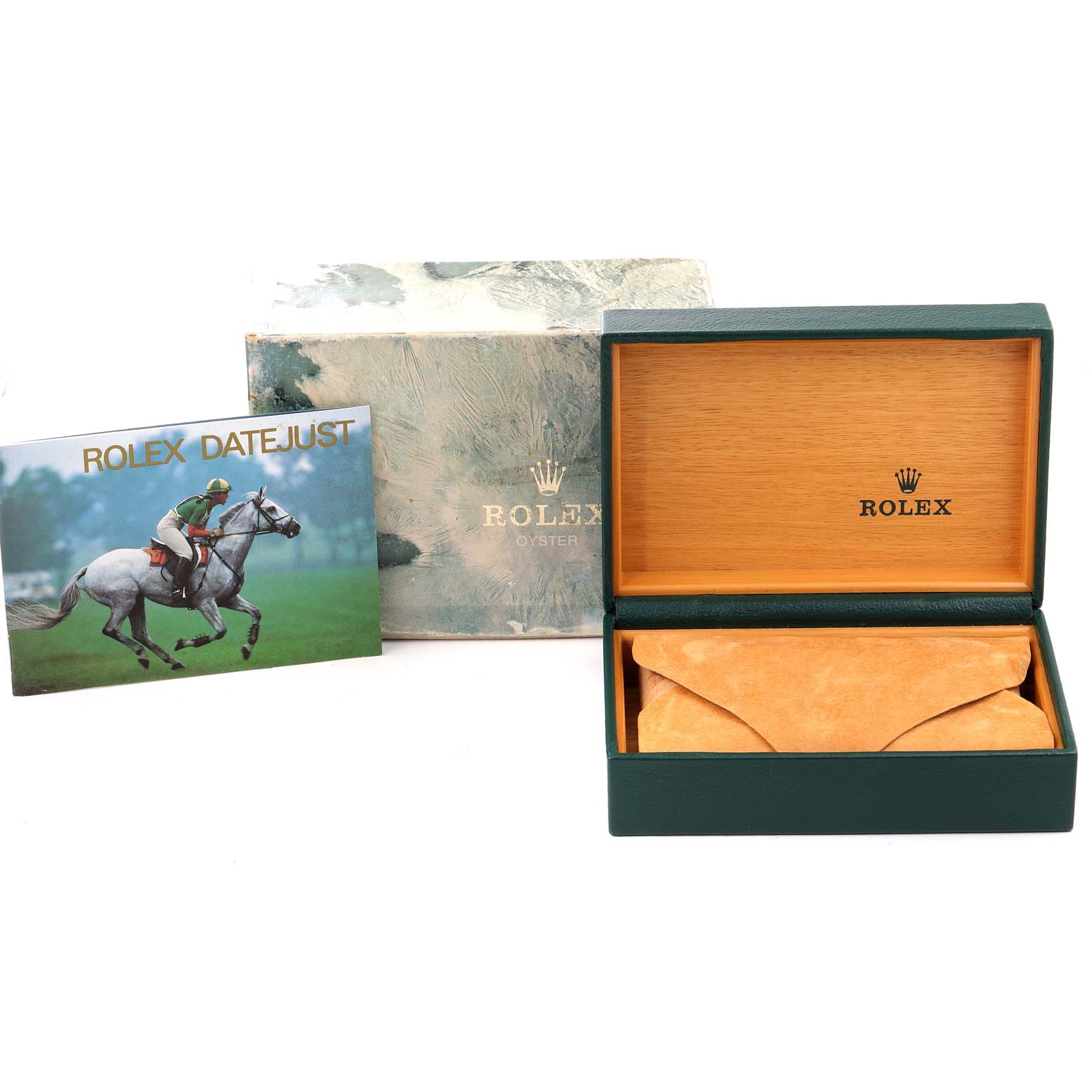 The image shows a Rolex Datejust 16233 Men's Steel and Gold (two tone) Champagne Dial 16233 Men's Steel and Gold (two tone) Champagne Dial box, its outer packaging, and a booklet from a top-front angle.