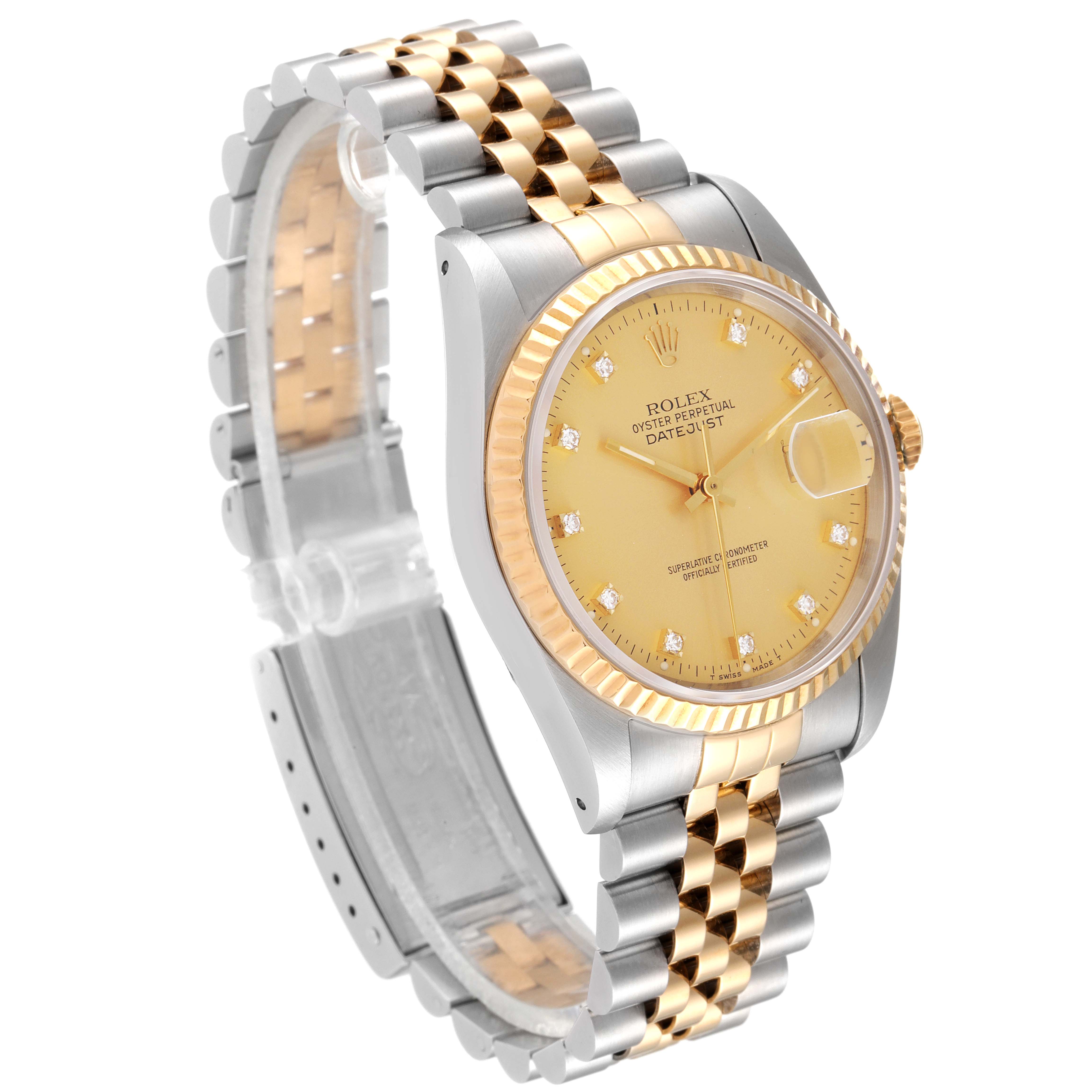 The Rolex Datejust 16233 Men's Steel and Gold (two tone) Champagne Dial 16233 Men's Steel and Gold (two tone) Champagne Dial watch is shown at an angled side view, highlighting its two-tone bracelet and gold dial with diamond markers.