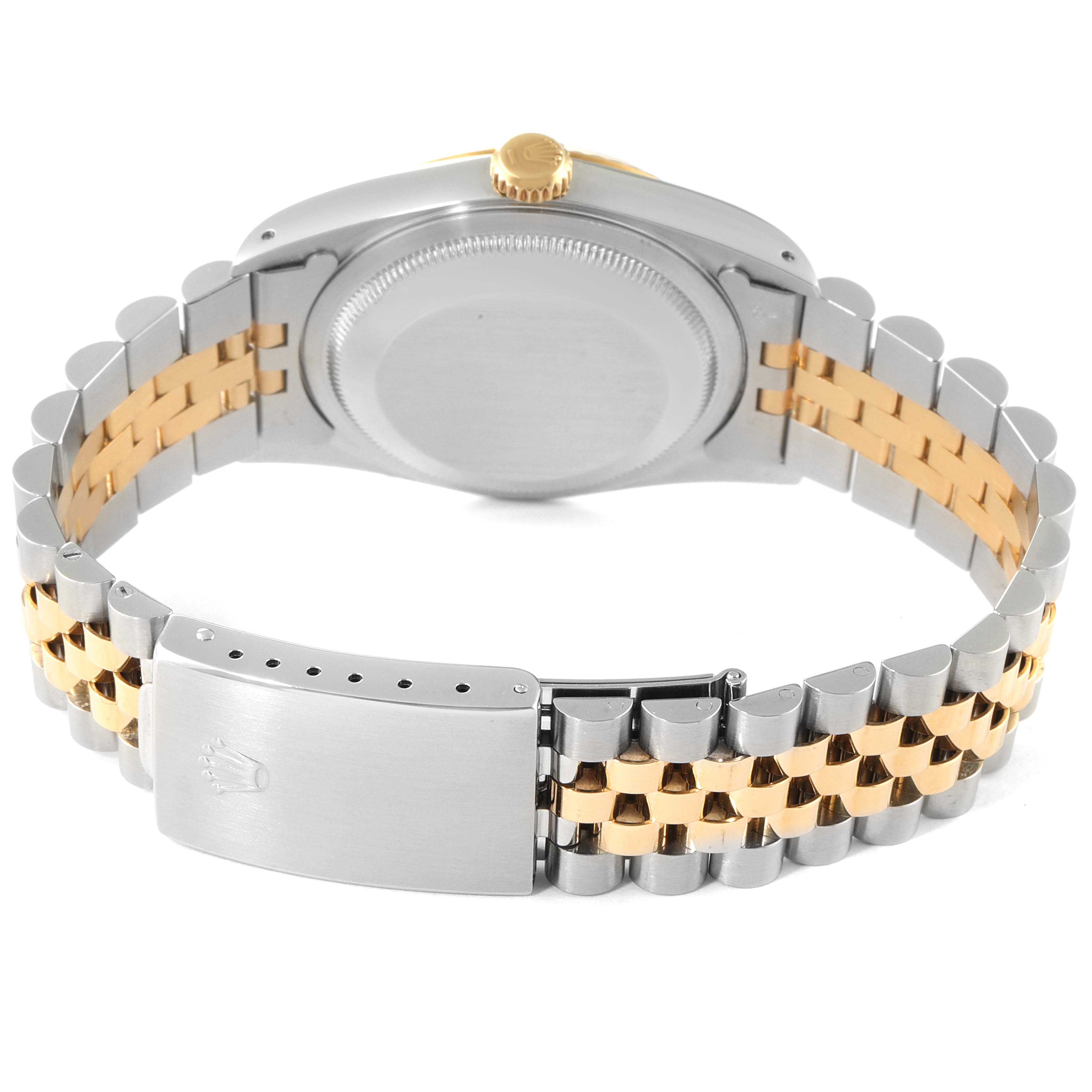 The image shows the back view of the Rolex Datejust 16233 Men's Steel and Gold (two tone) Champagne Dial 16233 Men's Steel and Gold (two tone) Champagne Dial watch, highlighting the two-tone bracelet and clasp.