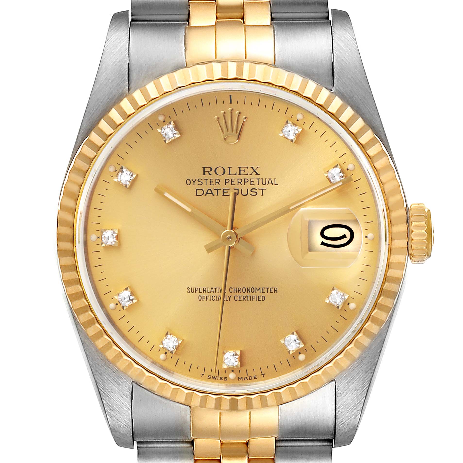 This image shows a front view of a Rolex Datejust 16233 Men's Steel and Gold (two tone) Champagne Dial 16233 Men's Steel and Gold (two tone) Champagne Dial watch, highlighting its gold dial, diamond hour markers, jubilee bracelet, and fluted bezel.