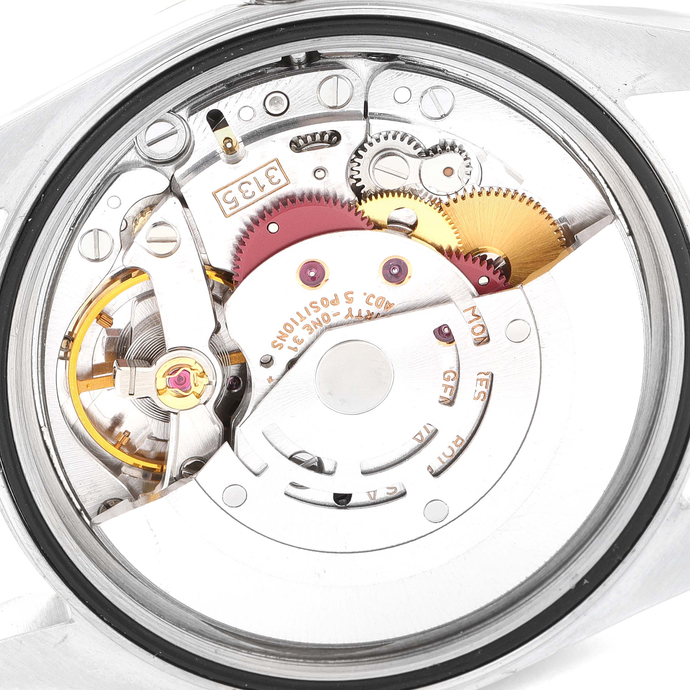 This image shows the movement and internal mechanism of a Rolex Datejust 16233 Men's Steel and Gold (two tone) Champagne Dial 16233 Men's Steel and Gold (two tone) Champagne Dial watch from a top-down angle.