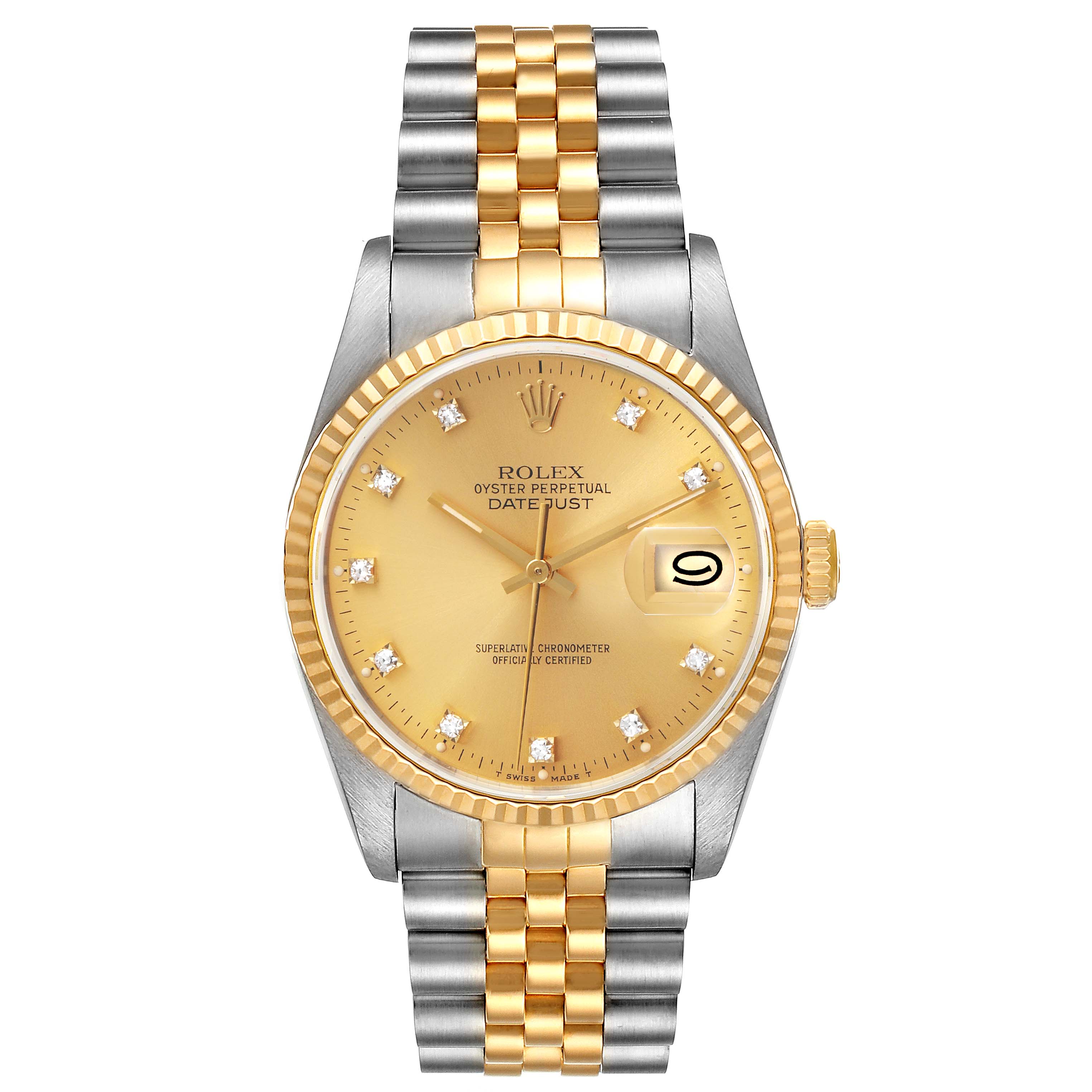 This image shows a front view of the Rolex Datejust 16233 Men's Steel and Gold (two tone) Champagne Dial 16233 Men's Steel and Gold (two tone) Champagne Dial watch, highlighting its two-tone bracelet, gold dial, and date window.