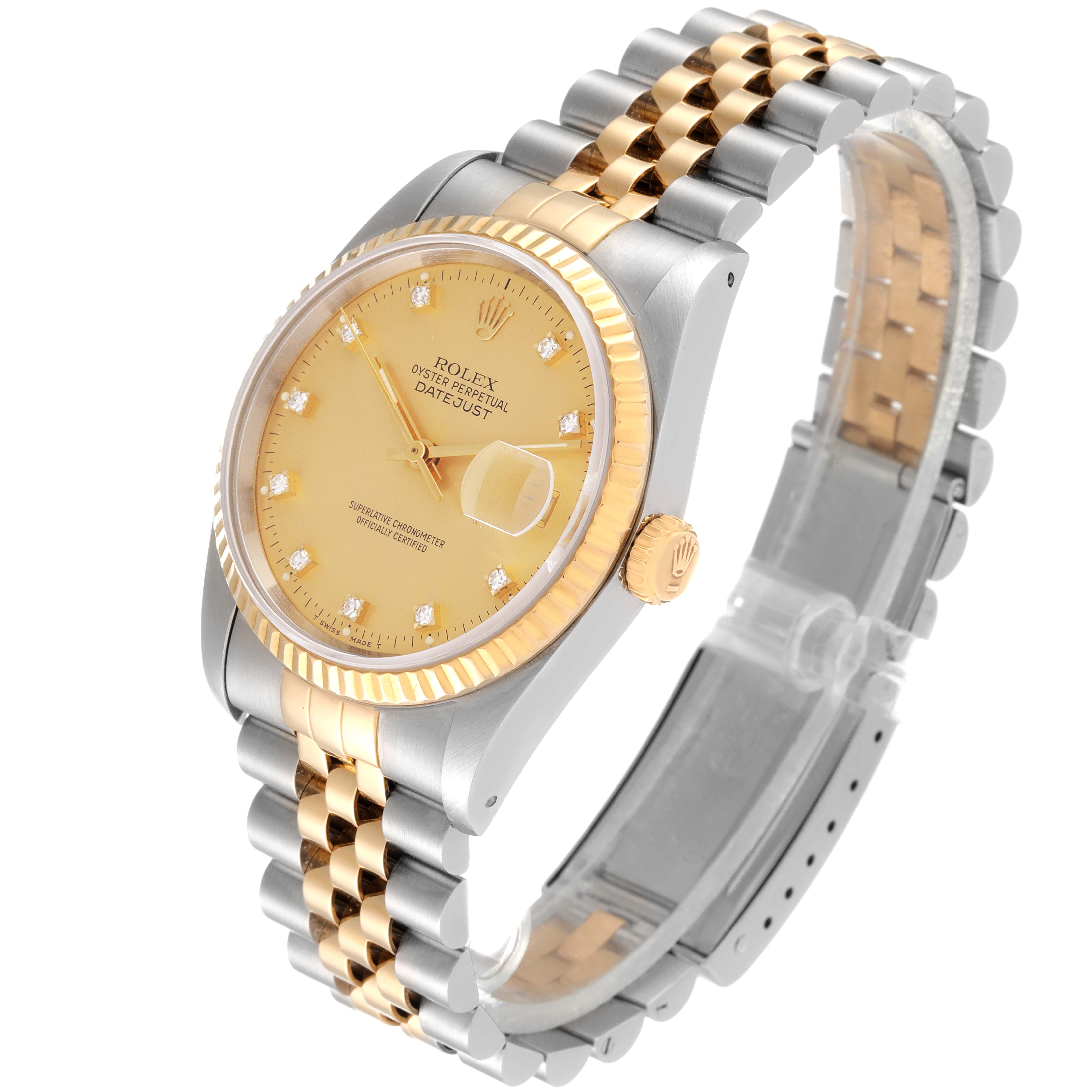 The Rolex Datejust 16233 Men's Steel and Gold (two tone) Champagne Dial 16233 Men's Steel and Gold (two tone) Champagne Dial watch is shown at a three-quarter angle, displaying the face, bezel, crown, and Jubilee bracelet.