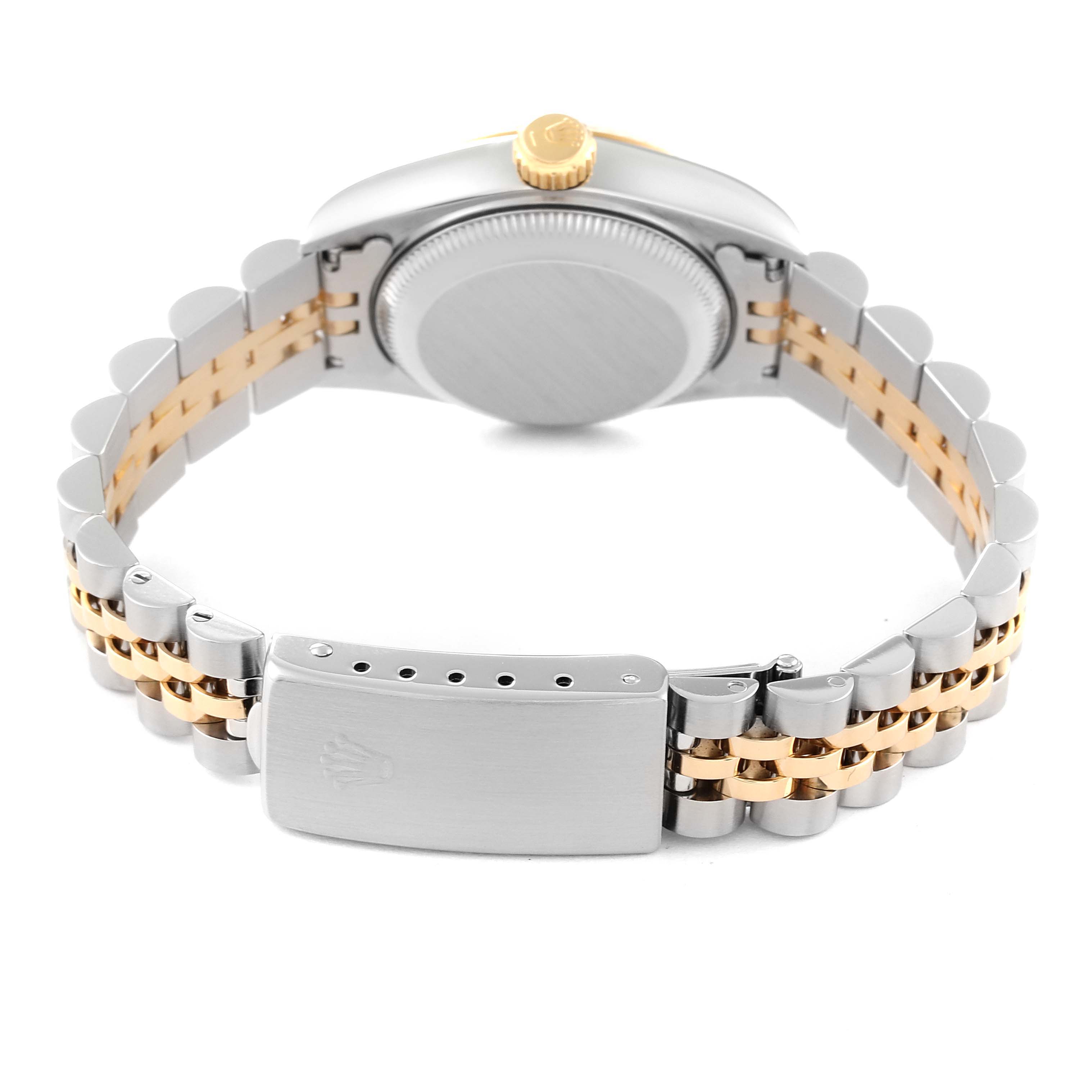 The image shows the backside of a Rolex Datejust 69173 Women's Steel and Gold (two tone) Champagne Dial 69173 Women's Steel and Gold (two tone) Champagne Dial watch, highlighting its case, crown, and two-tone bracelet with a clasp.