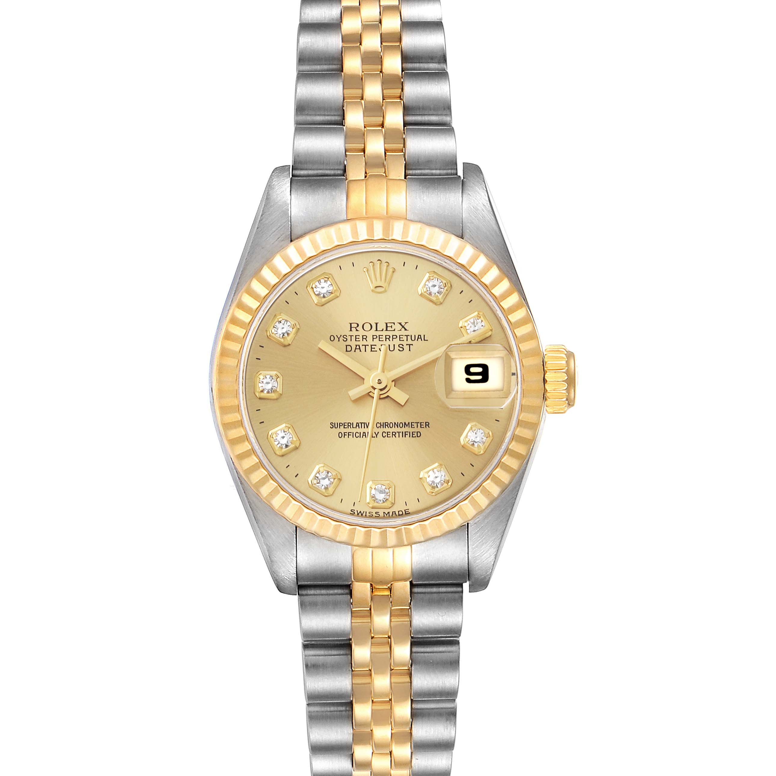 This Rolex Datejust 69173 Women's Steel and Gold (two tone) Champagne Dial 69173 Women's Steel and Gold (two tone) Champagne Dial model is shown from a top view, highlighting its gold and silver band, gold dial, and diamond hour markers.