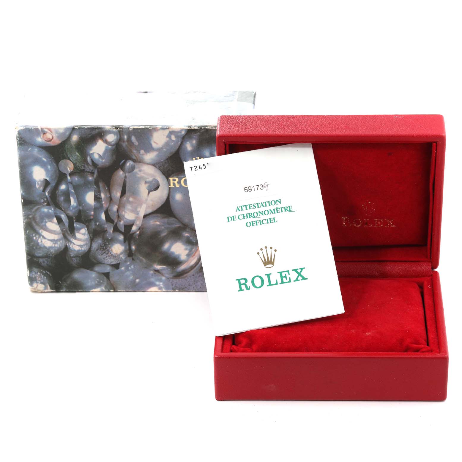 The image shows a Rolex Datejust 69173 Women's Steel and Gold (two tone) Champagne Dial 69173 Women's Steel and Gold (two tone) Champagne Dial box, an official chronometer certificate, and an outer packaging box.