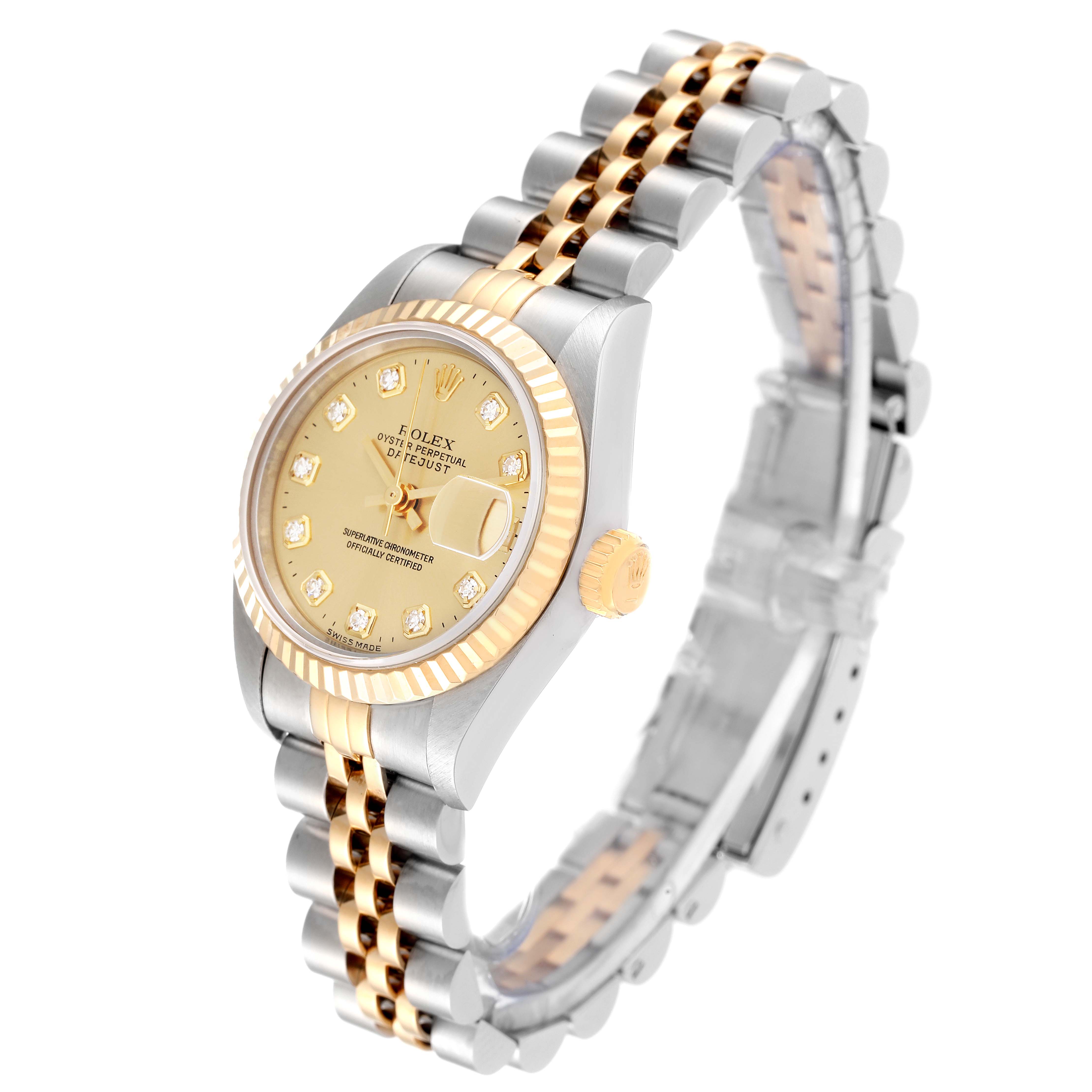 The image shows a Rolex Datejust 69173 Women's Steel and Gold (two tone) Champagne Dial 69173 Women's Steel and Gold (two tone) Champagne Dial watch from a three-quarter angle, highlighting its dial, fluted bezel, and two-tone Jubilee bracelet.