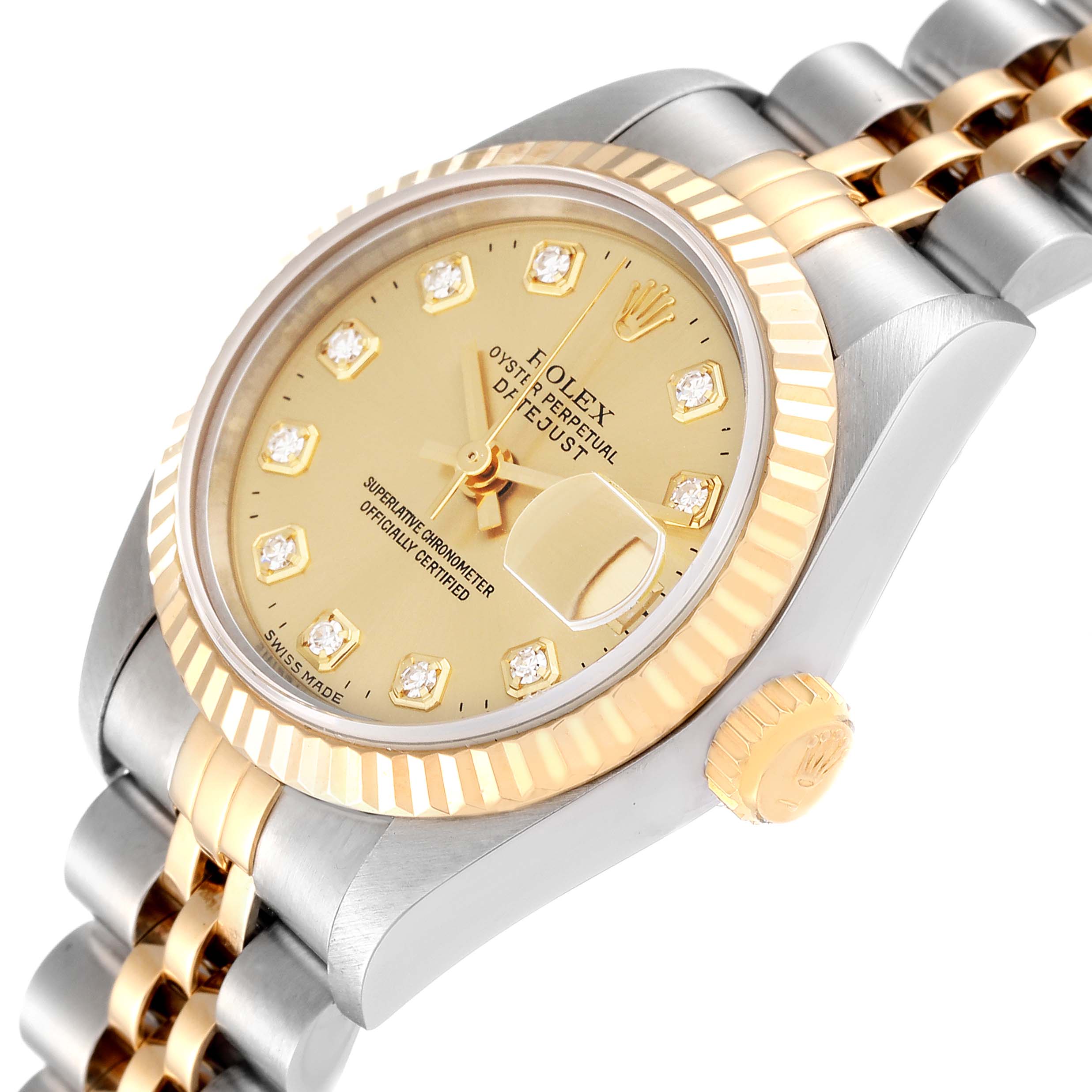 The Rolex Datejust 69173 Women's Steel and Gold (two tone) Champagne Dial 69173 Women's Steel and Gold (two tone) Champagne Dial watch is shown at an angled side view, highlighting its gold fluted bezel, dial, and two-tone bracelet.