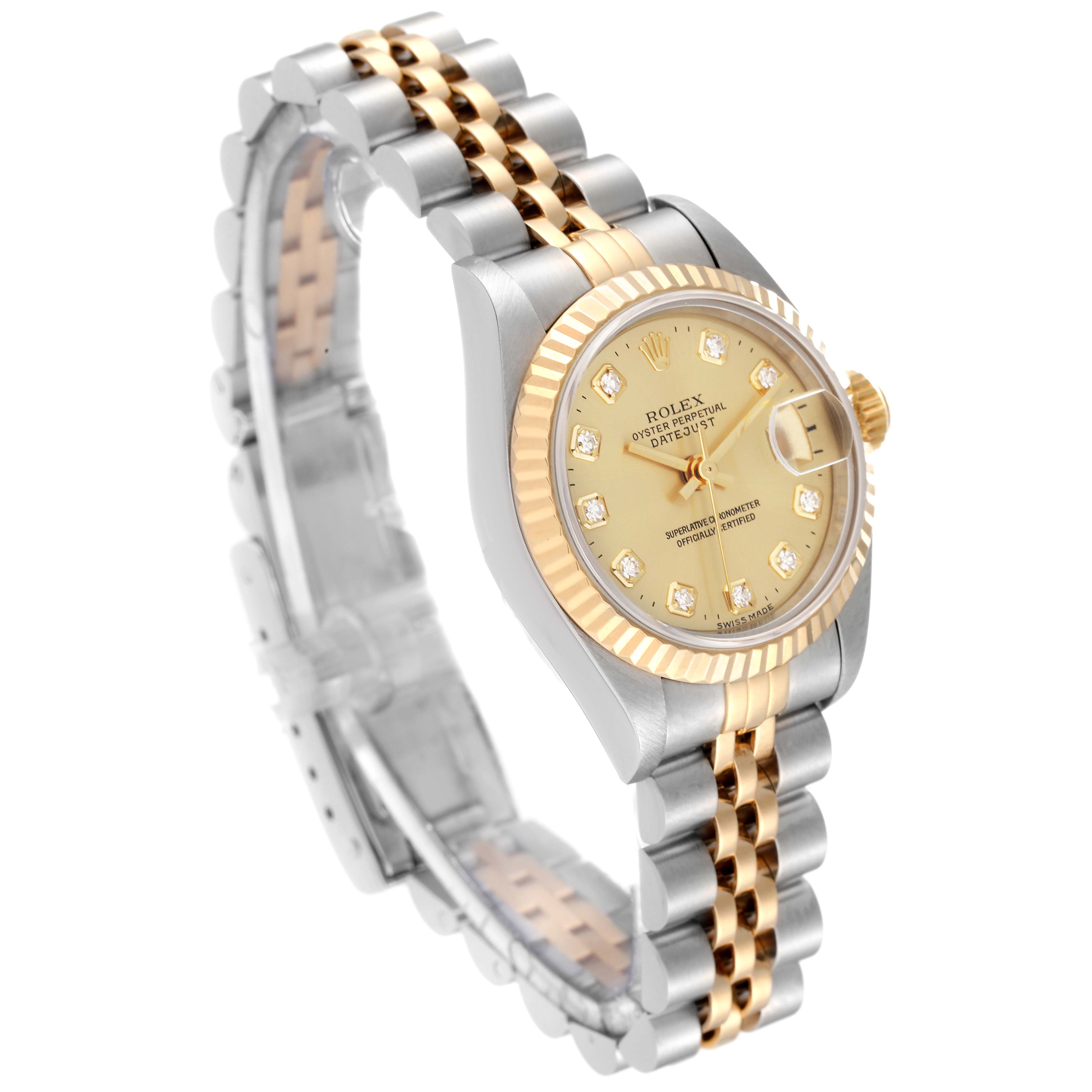 The image shows a Rolex Datejust 69173 Women's Steel and Gold (two tone) Champagne Dial 69173 Women's Steel and Gold (two tone) Champagne Dial watch angled to display its face, fluted bezel, and two-tone bracelet.