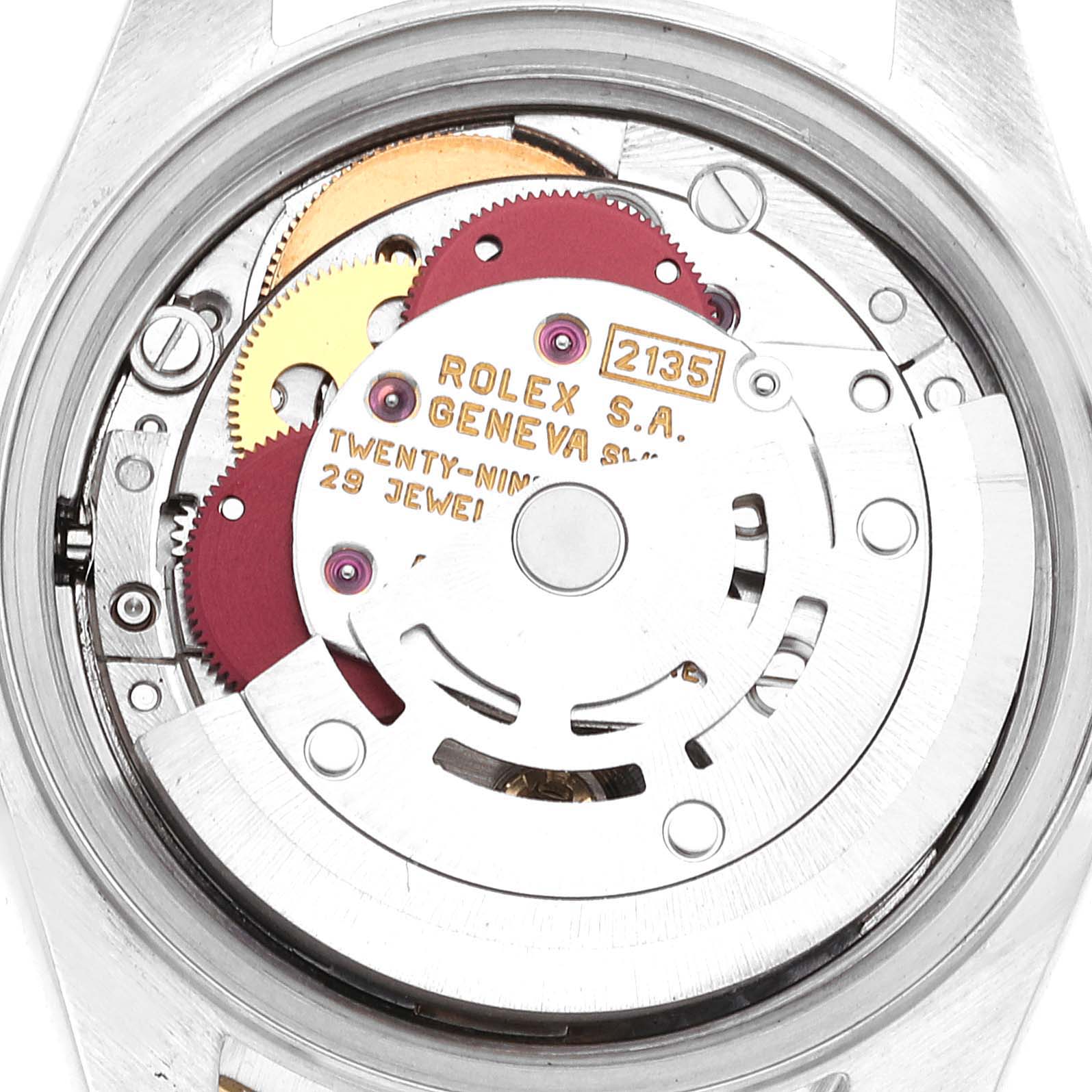 This image shows the Rolex Datejust 69173 Women's Steel and Gold (two tone) Champagne Dial 69173 Women's Steel and Gold (two tone) Champagne Dial movement components from a back-angle perspective.