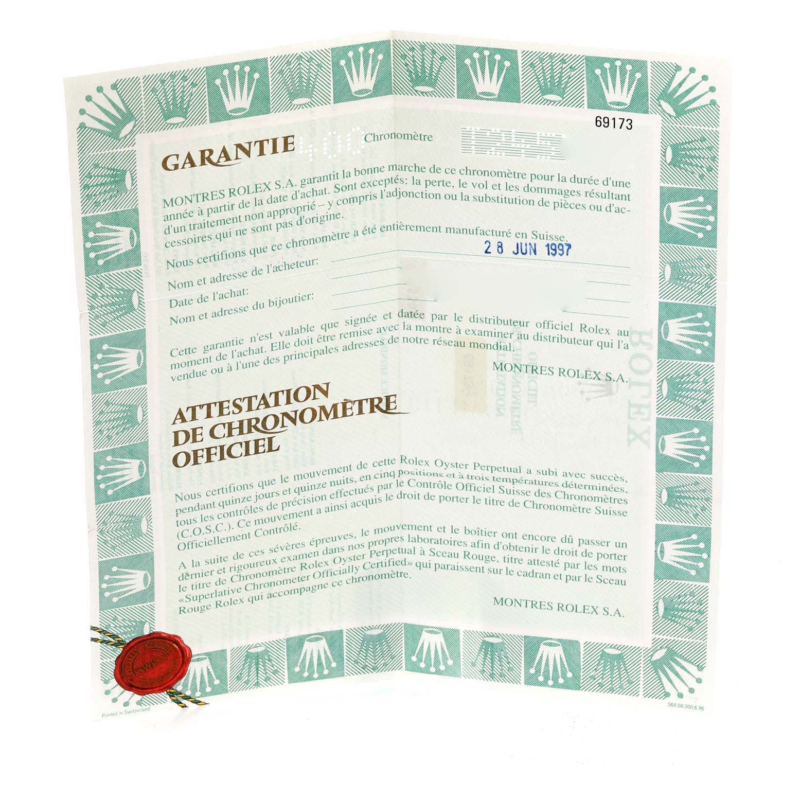 This image shows the official warranty and chronometer certification document for the Rolex Datejust 69173 Women's Steel and Gold (two tone) Champagne Dial 69173 Women's Steel and Gold (two tone) Champagne Dial model.