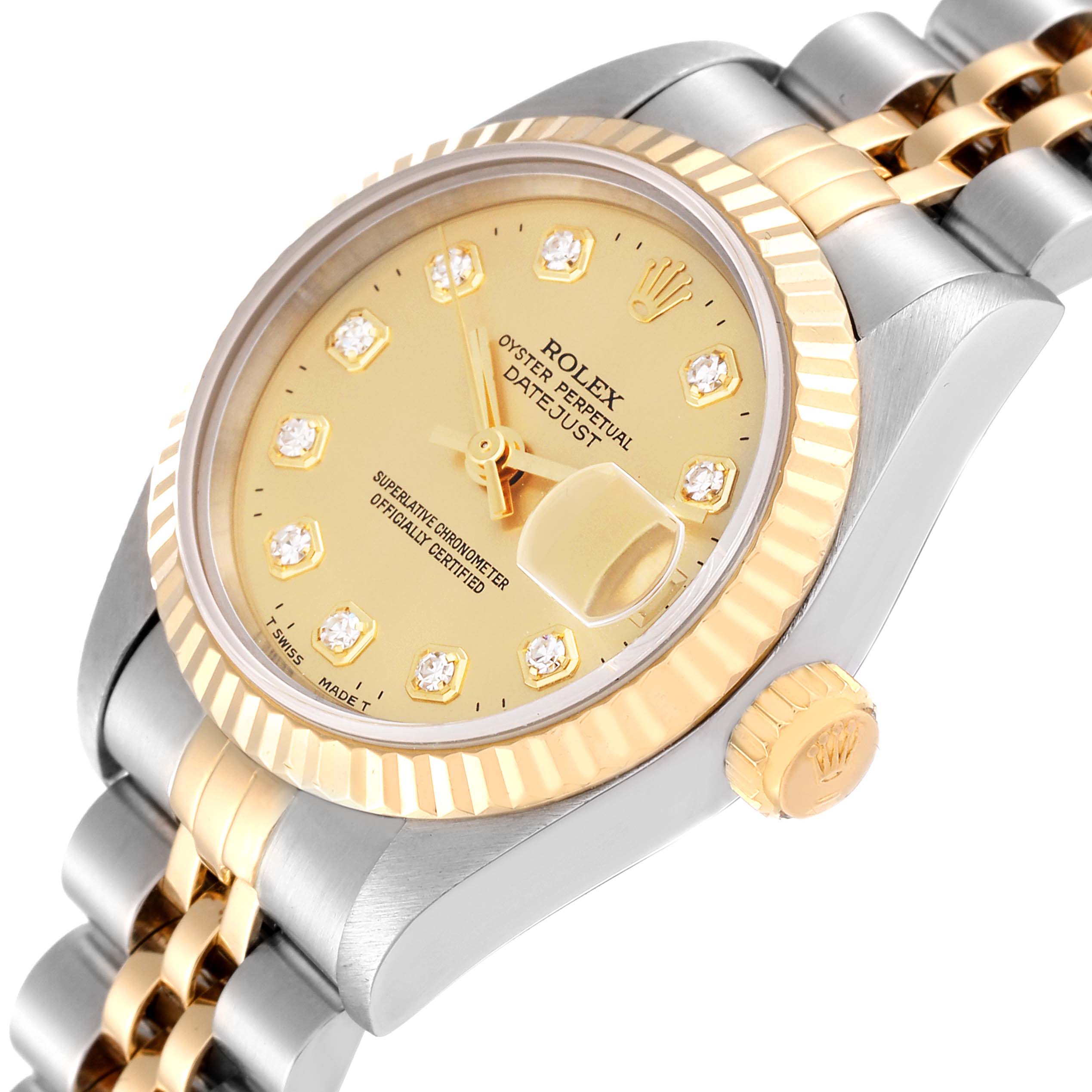 The image shows a close-up, angled view of the Rolex Datejust 69173 Women's Steel and Gold (two tone) Champagne Dial 69173 Women's Steel and Gold (two tone) Champagne Dial watch, highlighting the dial, crown, and bracelet.