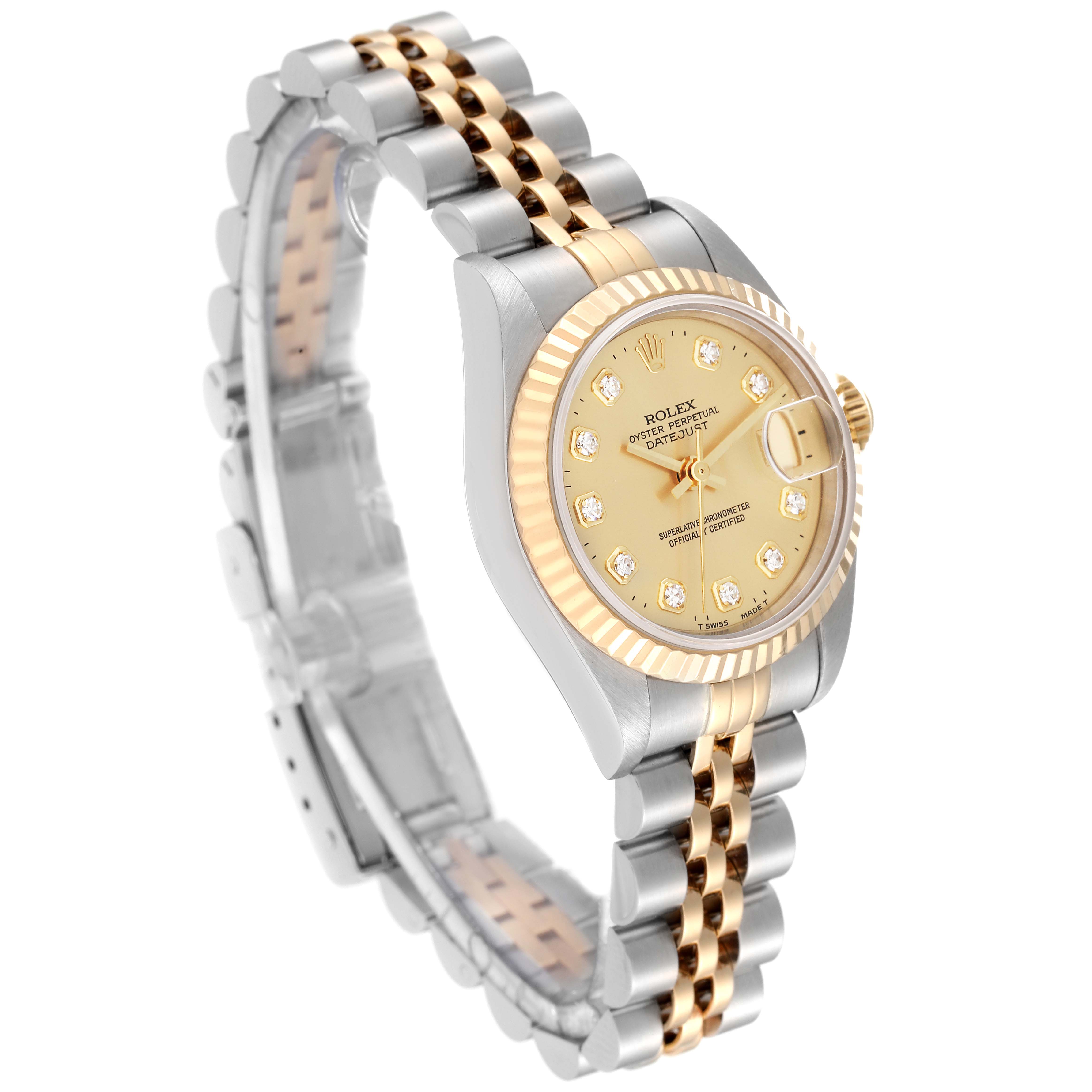 A Rolex Datejust 69173 Women's Steel and Gold (two tone) Champagne Dial 69173 Women's Steel and Gold (two tone) Champagne Dial watch is shown at a slight angle showcasing its face, bezel, and two-tone bracelet.