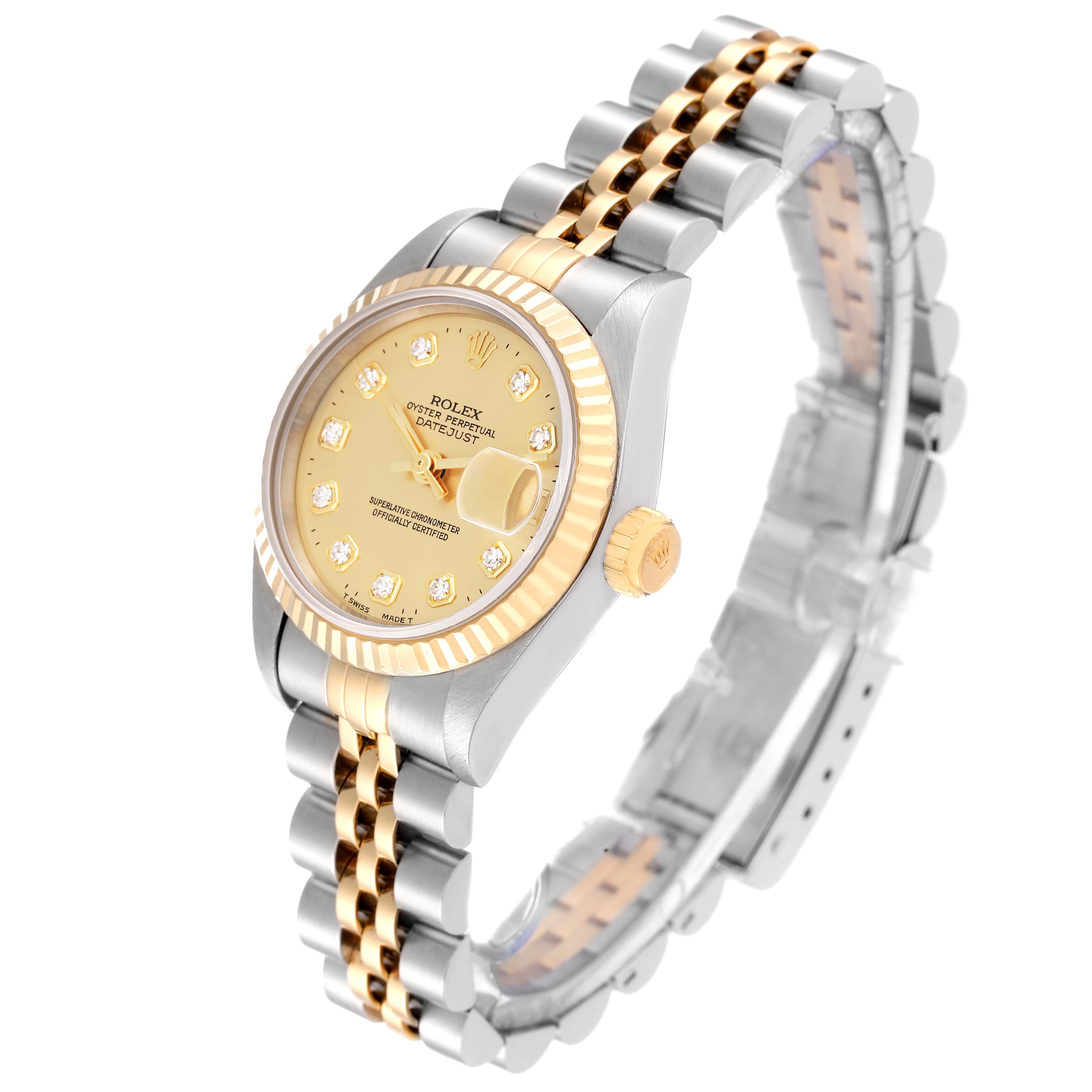 This image shows a Rolex Datejust 69173 Women's Steel and Gold (two tone) Champagne Dial 69173 Women's Steel and Gold (two tone) Champagne Dial watch from an angled top-down view, highlighting its dial, bracelet, and fluted bezel.