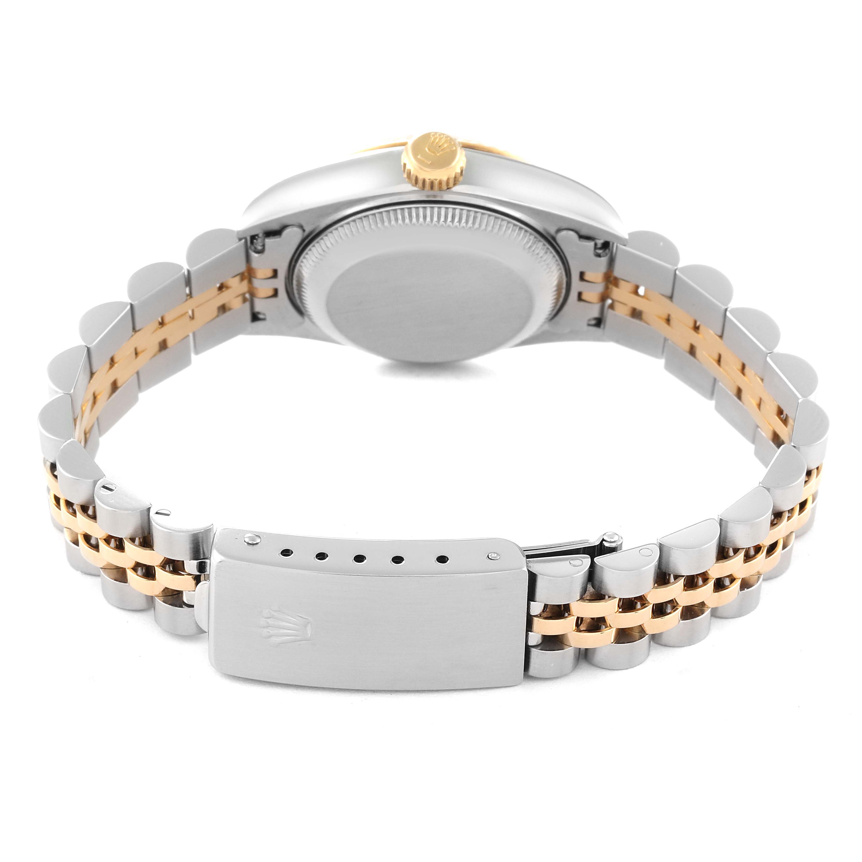 The image shows the back view of a Rolex Datejust 69173 Women's Steel and Gold (two tone) Champagne Dial 69173 Women's Steel and Gold (two tone) Champagne Dial watch, highlighting its two-tone bracelet and clasp.