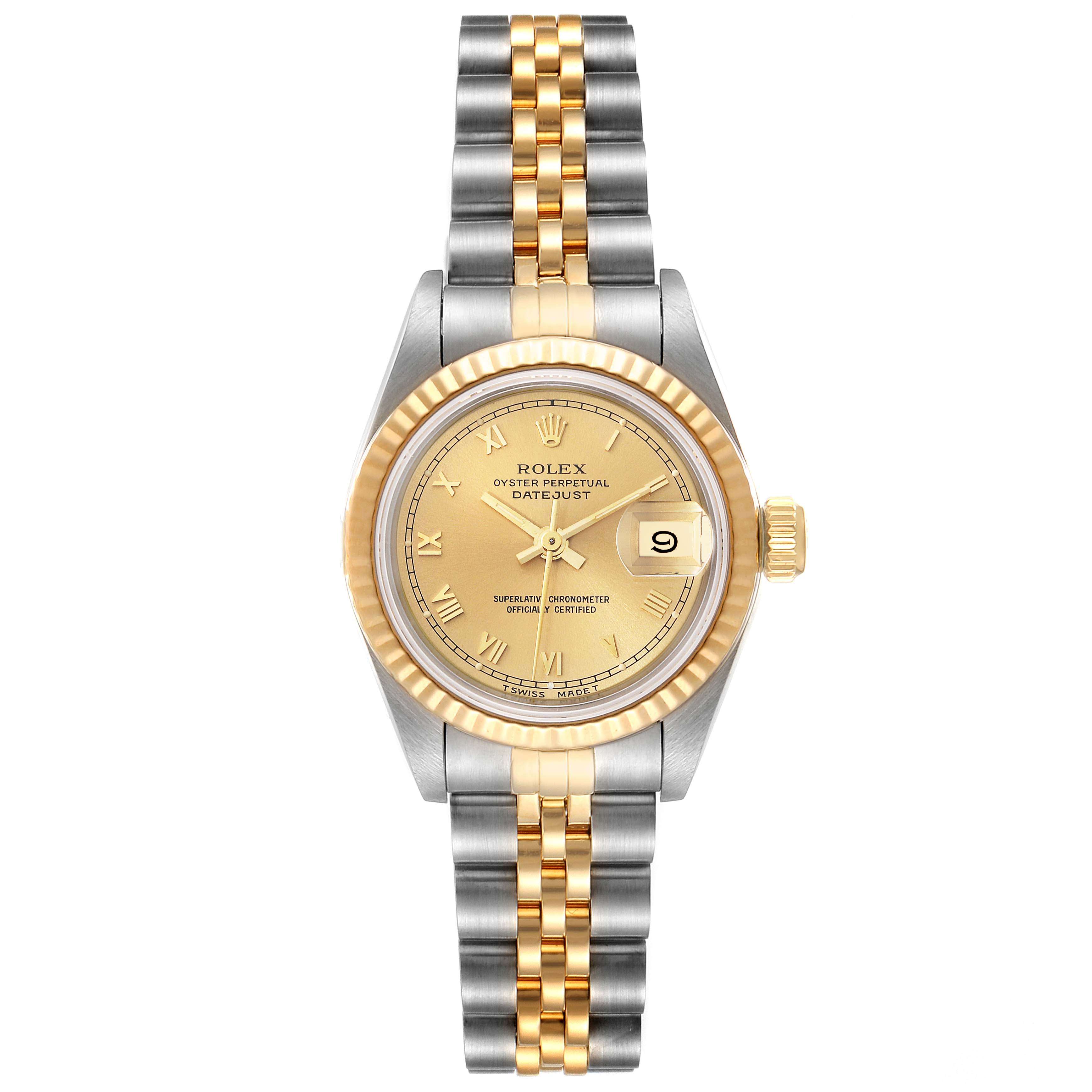 The image shows a Rolex Datejust 69173 Women's Steel and Gold (two tone) Champagne Dial 69173 Women's Steel and Gold (two tone) Champagne Dial watch from a top view, highlighting its two-tone bracelet and dial with the date feature.