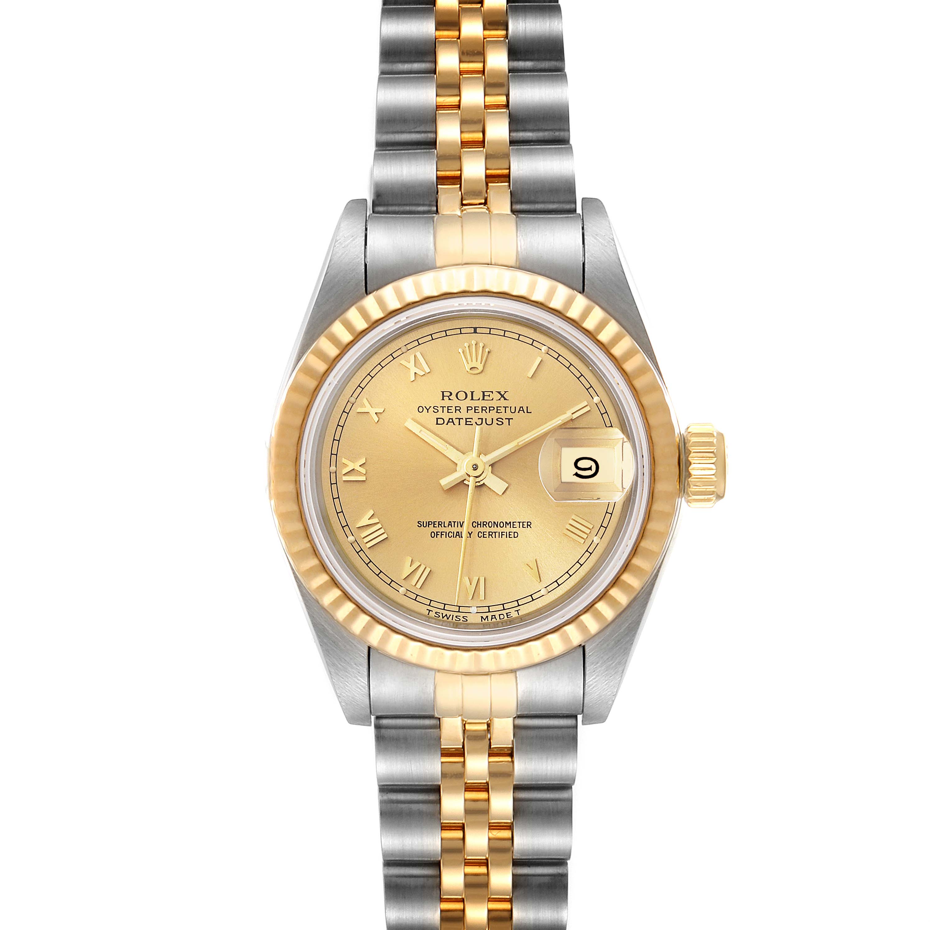 This image shows a Rolex Datejust 69173 Women's Steel and Gold (two tone) Champagne Dial 69173 Women's Steel and Gold (two tone) Champagne Dial watch from a top-down angle, highlighting the two-tone bracelet, the fluted bezel, and the date display.