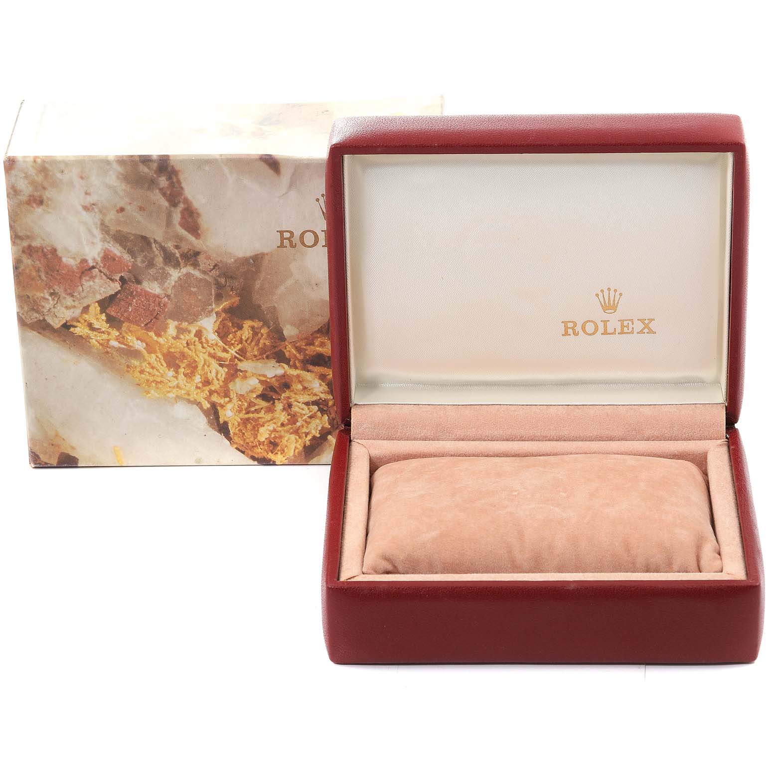 The image shows an open Rolex Datejust 69173 Women's Steel and Gold (two tone) Champagne Dial 69173 Women's Steel and Gold (two tone) Champagne Dial model watch box with a cushion inside and the outer packaging in the background.