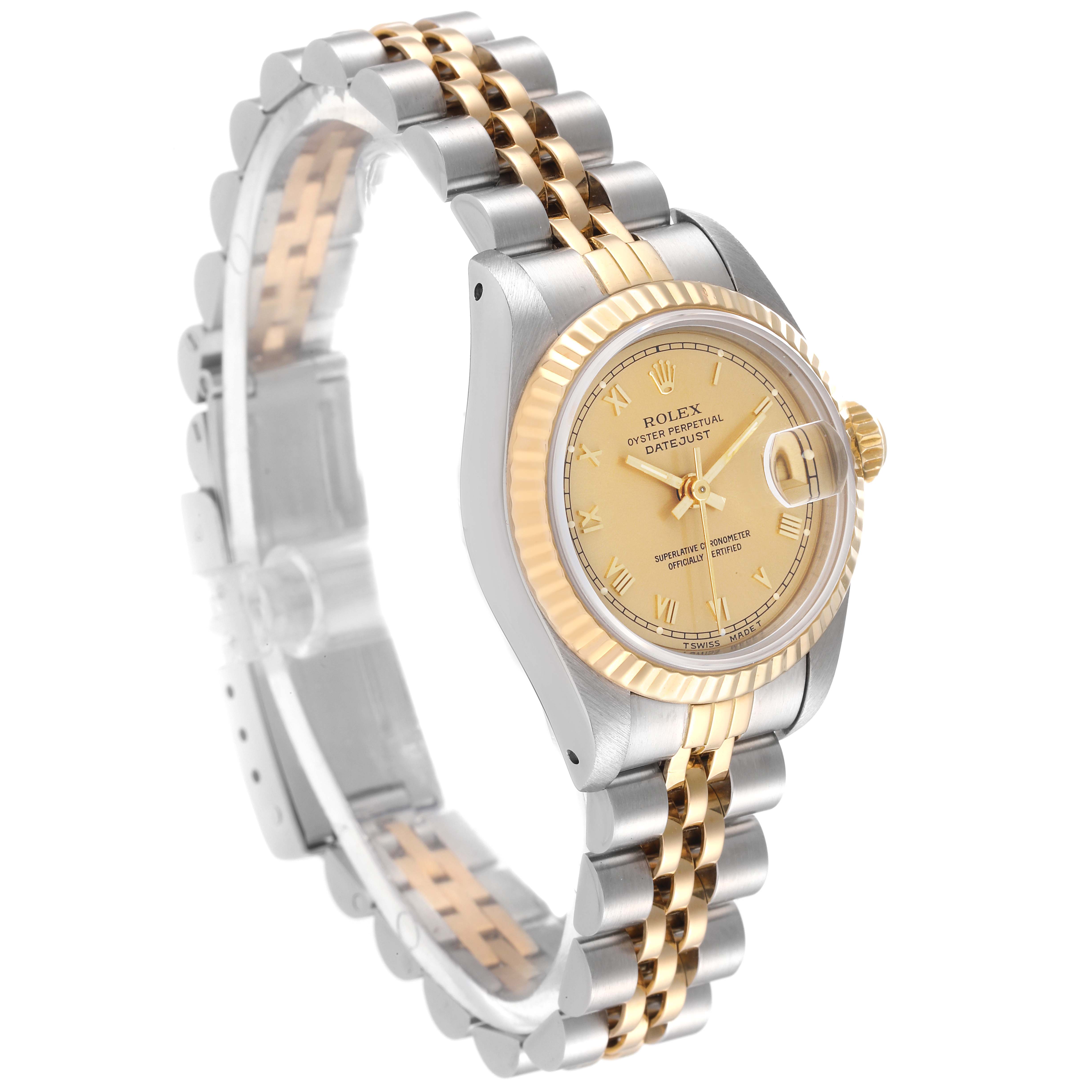 The image shows a side-angle view of a Rolex Datejust 69173 Women's Steel and Gold (two tone) Champagne Dial 69173 Women's Steel and Gold (two tone) Champagne Dial watch, displaying its gold dial and two-tone bracelet.