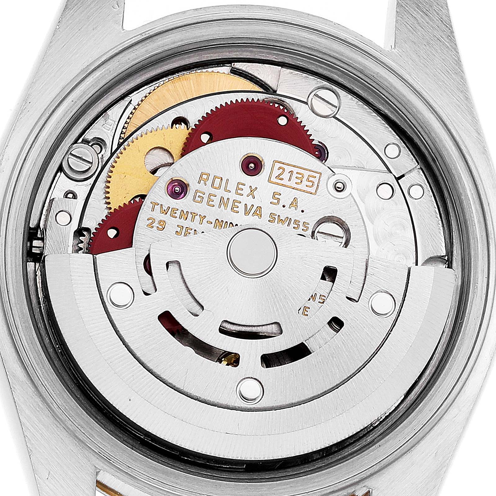 This image shows a close-up view of the movement mechanism of a Rolex Datejust 69173 Women's Steel and Gold (two tone) Champagne Dial 69173 Women's Steel and Gold (two tone) Champagne Dial watch.