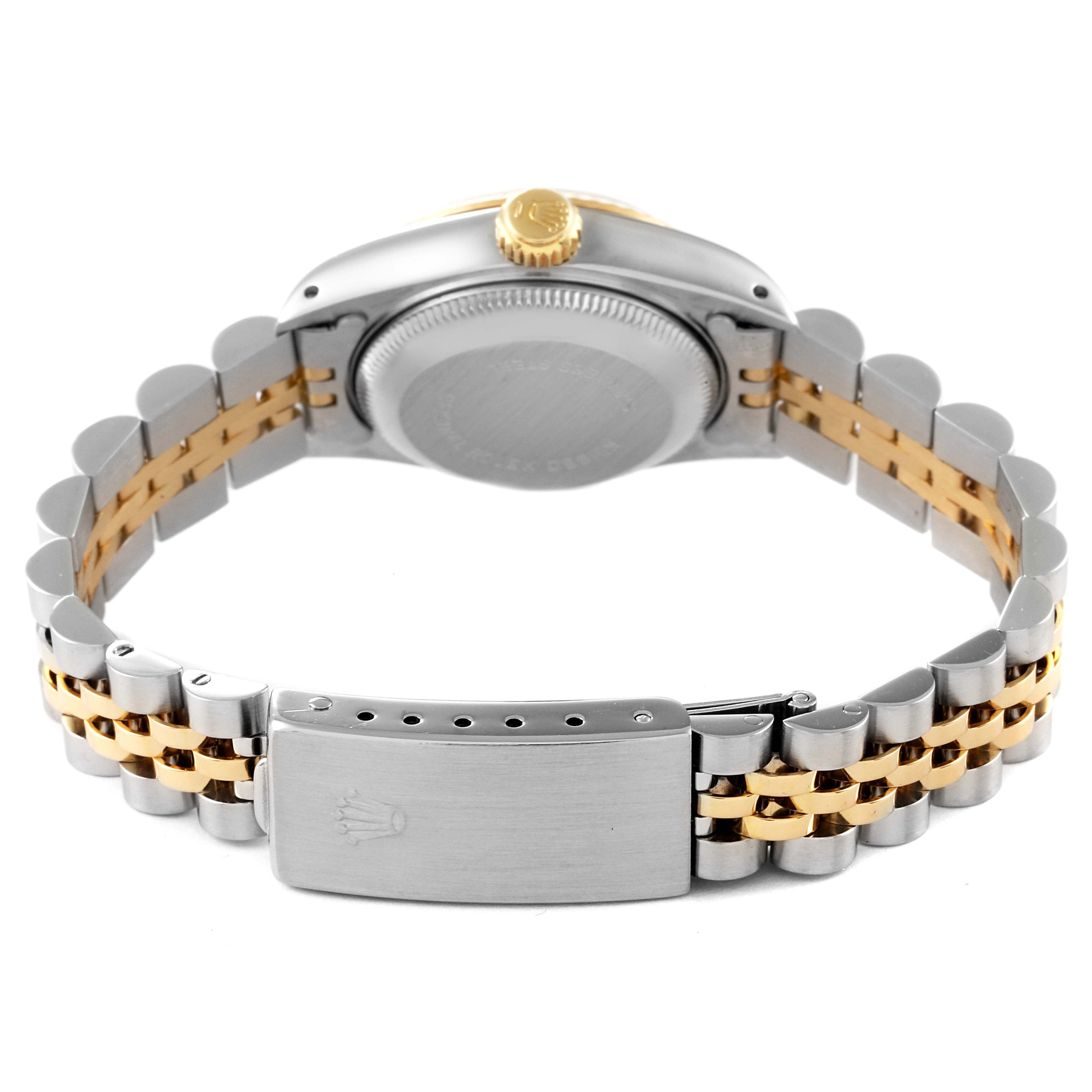 The image shows the back view of a Rolex Datejust 69173 Women's Steel and Gold (two tone) Champagne Dial 69173 Women's Steel and Gold (two tone) Champagne Dial watch, highlighting the clasp, case back, and two-tone bracelet.