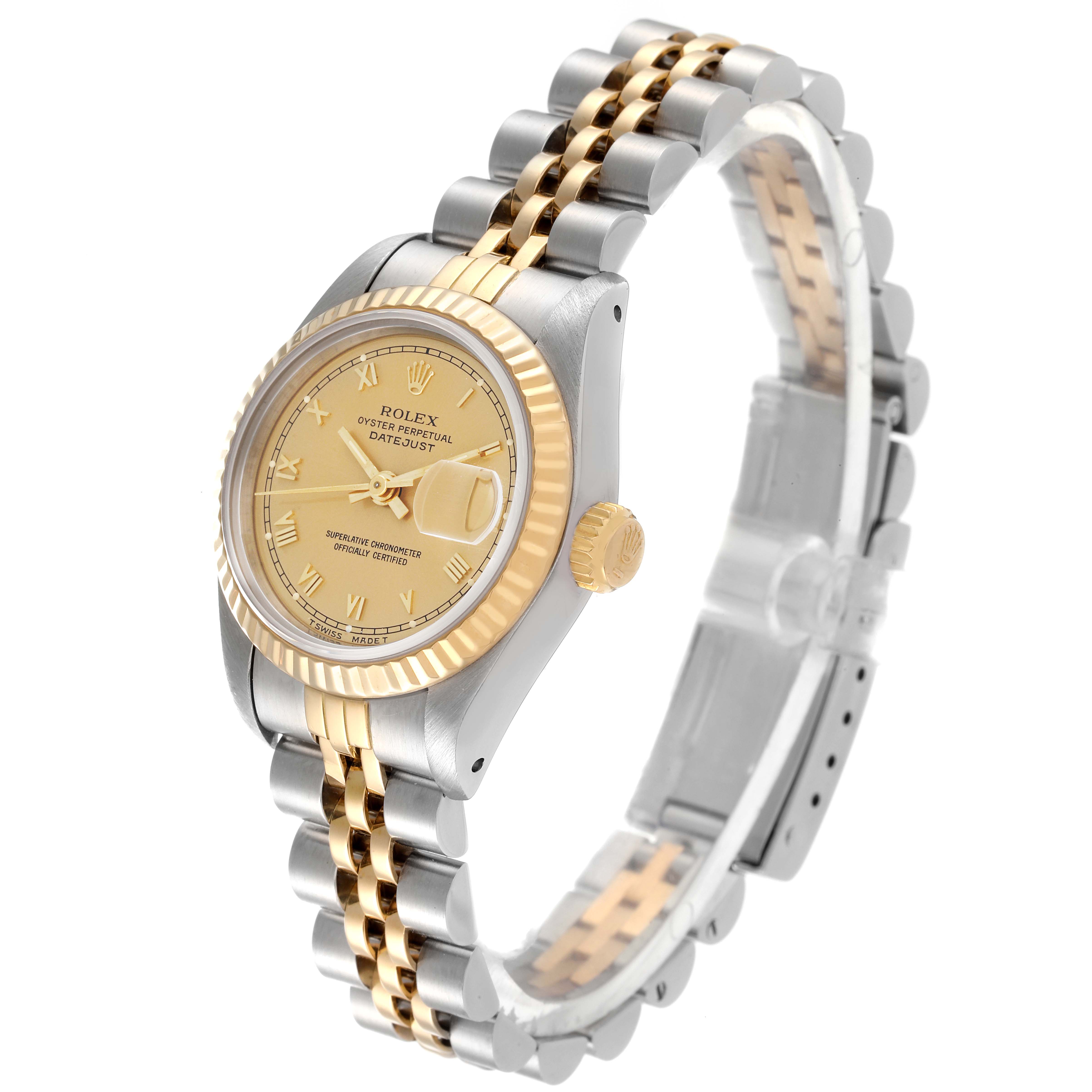 The Rolex Datejust 69173 Women's Steel and Gold (two tone) Champagne Dial 69173 Women's Steel and Gold (two tone) Champagne Dial watch is shown at a three-quarter angle, highlighting the face, bezel, crown, and two-tone bracelet.