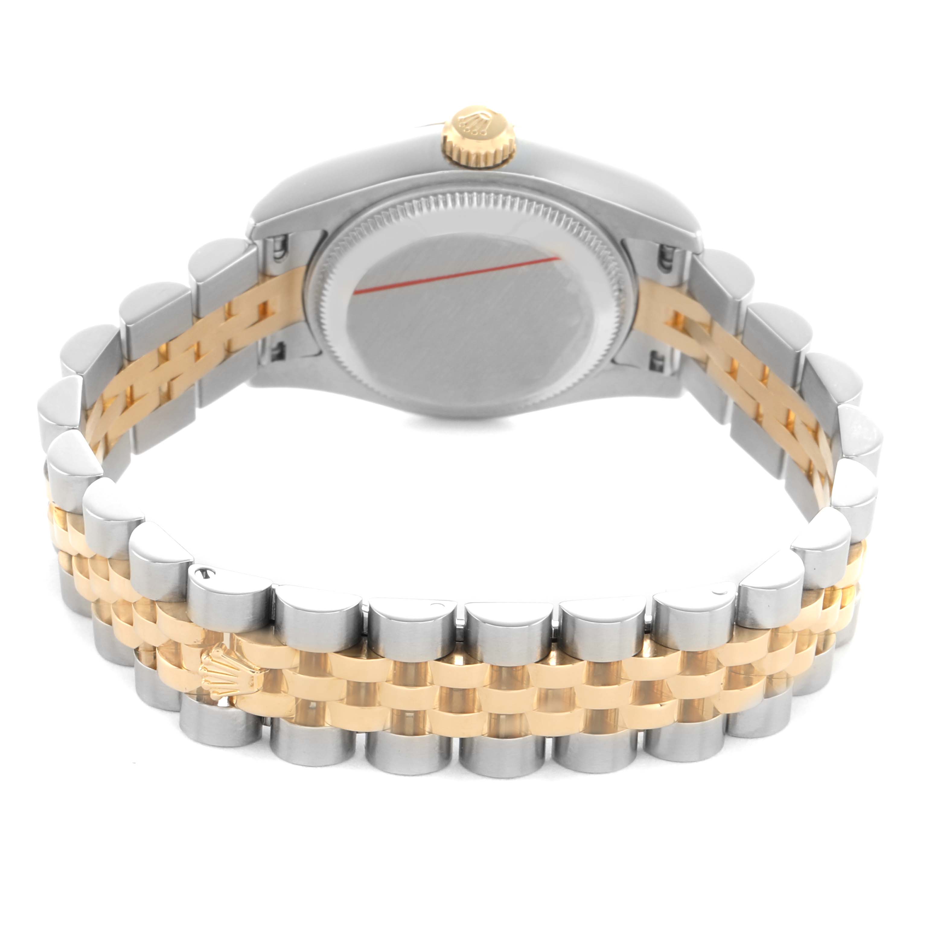 The Rolex Datejust 179173 Women's Steel and Gold (two tone) Champagne Dial watch is shown from the back, highlighting the case, crown, and two-tone bracelet.