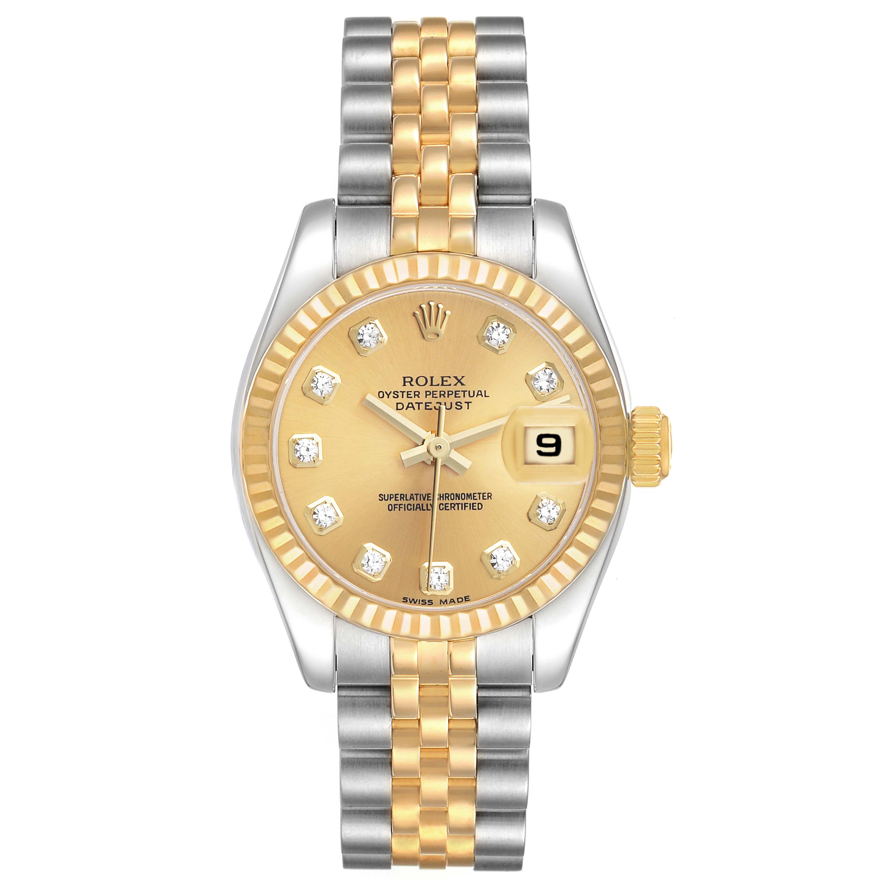 The Rolex Datejust 179173 Women's Steel and Gold (two tone) Champagne Dial watch is shown from a top-down angle, highlighting the dial, bezel, and two-tone bracelet.