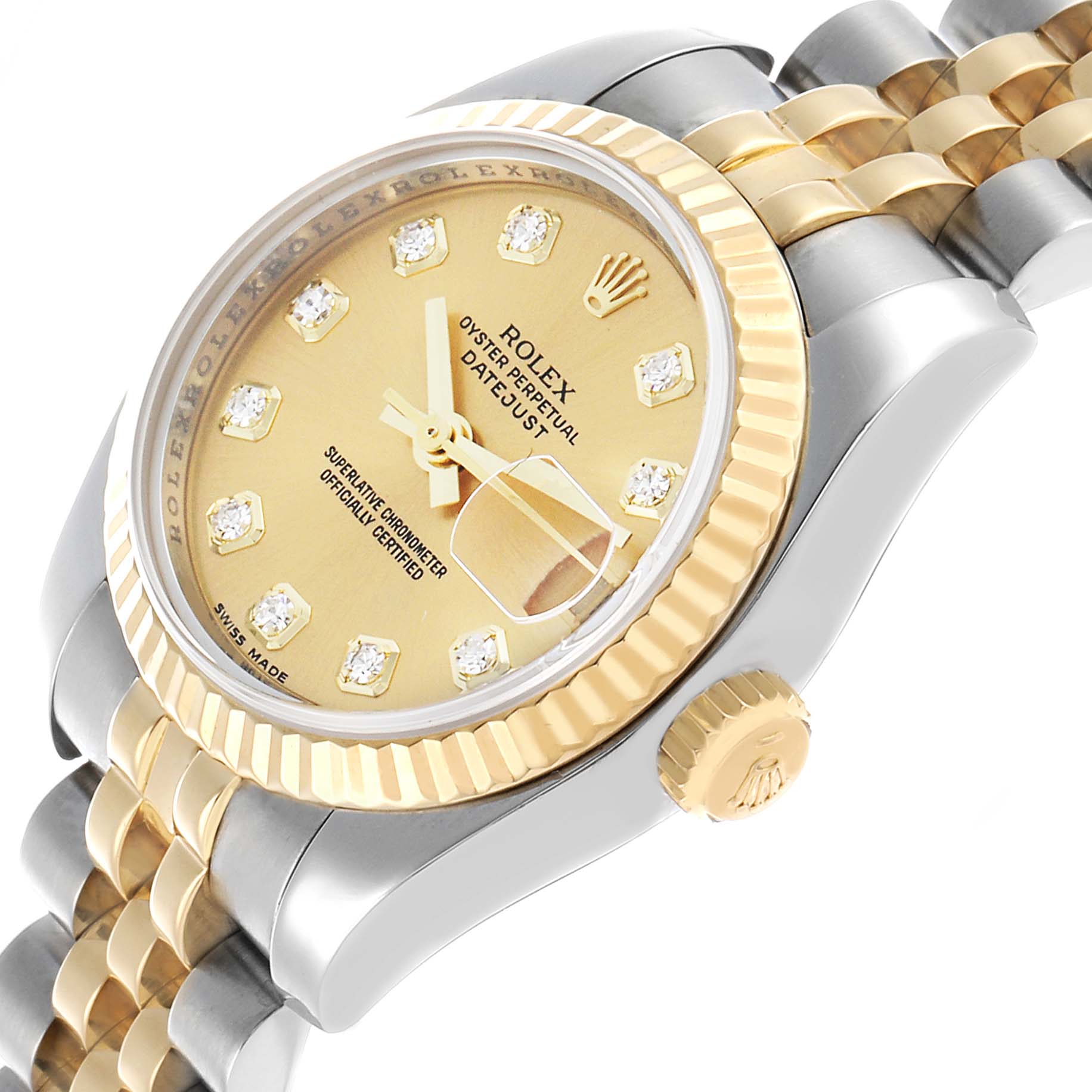 The Rolex Datejust 179173 Women's Steel and Gold (two tone) Champagne Dial watch is shown at a three-quarter angle, highlighting the dial, crown, and two-tone bracelet.