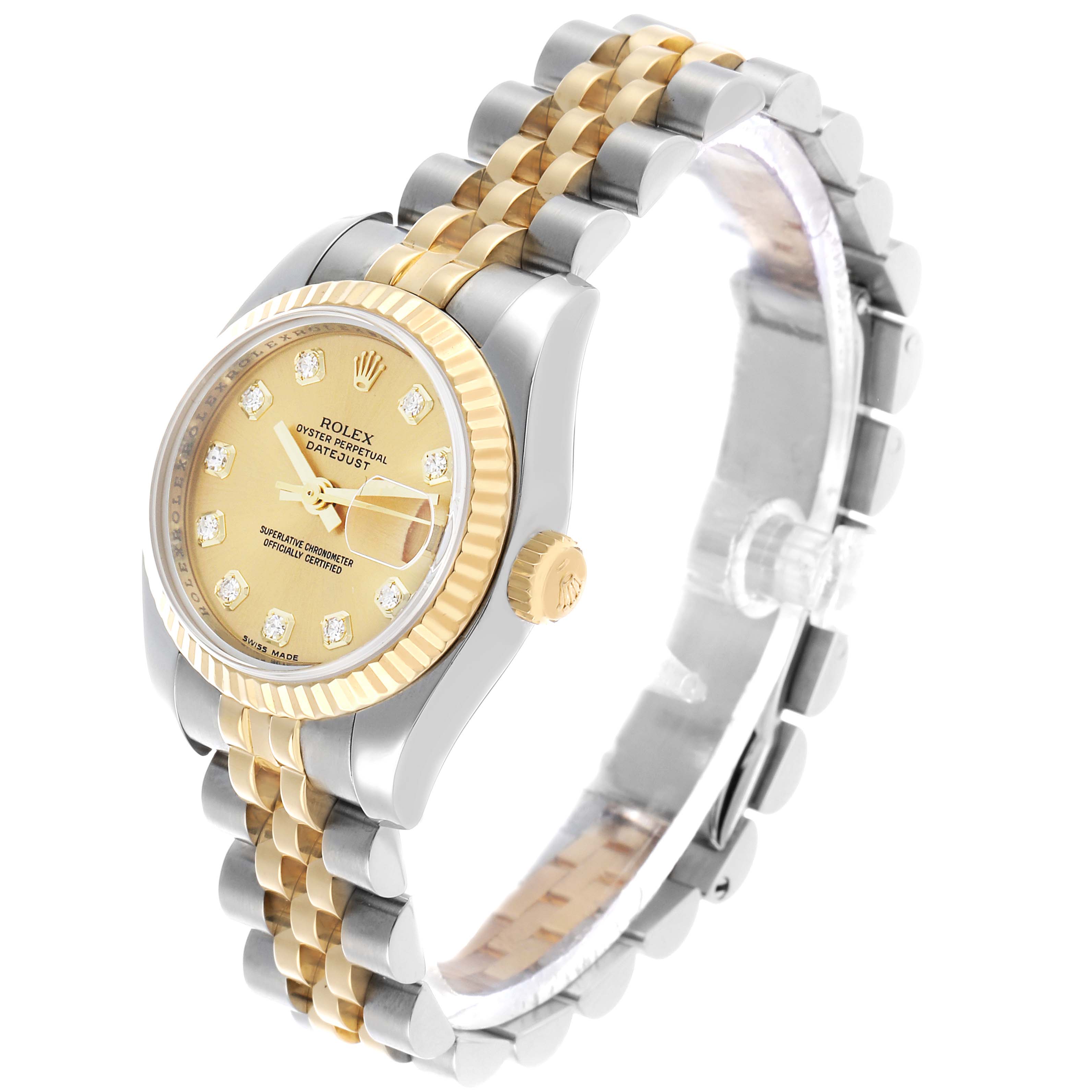 The Rolex Datejust 179173 Women's Steel and Gold (two tone) Champagne Dial watch is shown at a slight angle, highlighting the face, fluted bezel, crown, and two-tone bracelet.