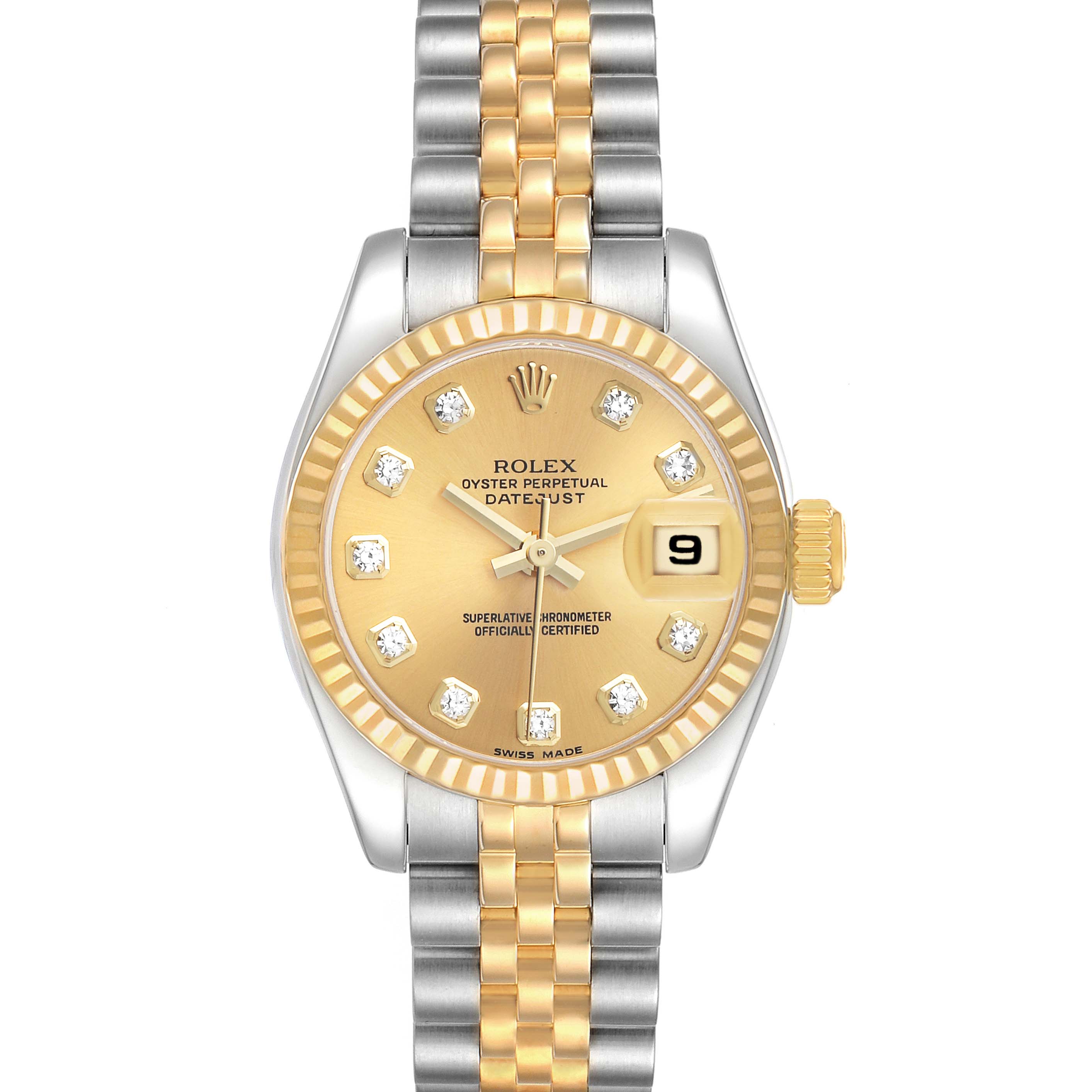 The Rolex Datejust 179173 Women's Steel and Gold (two tone) Champagne Dial watch is shown from a top-down angle, highlighting the face, bezel, crown, and two-tone bracelet.