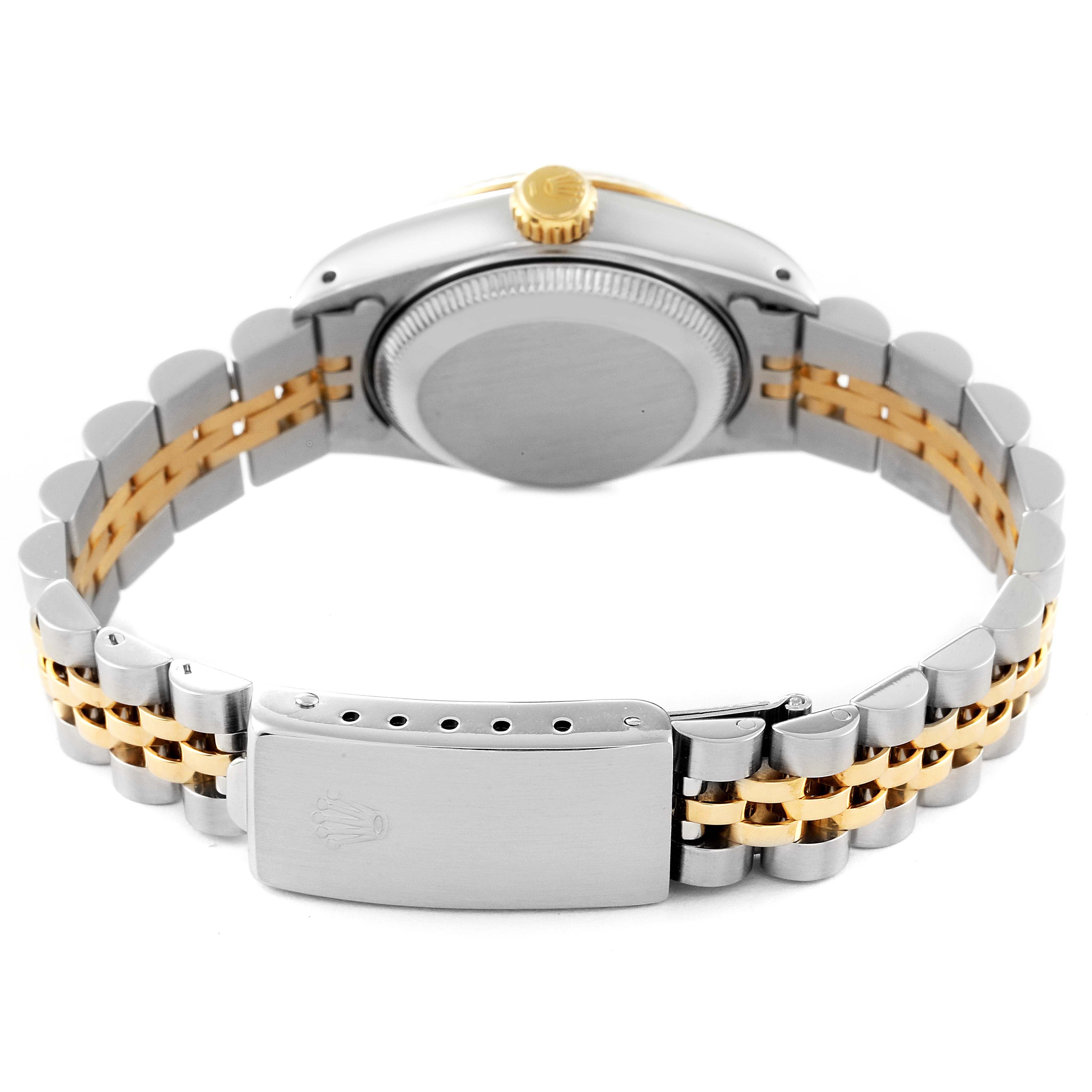 The image shows the back view of a Rolex Datejust 69173 Women's Steel and Gold (two tone) Champagne Dial 69173 Women's Steel and Gold (two tone) Champagne Dial watch, highlighting the case back, crown, and two-tone bracelet clasp.