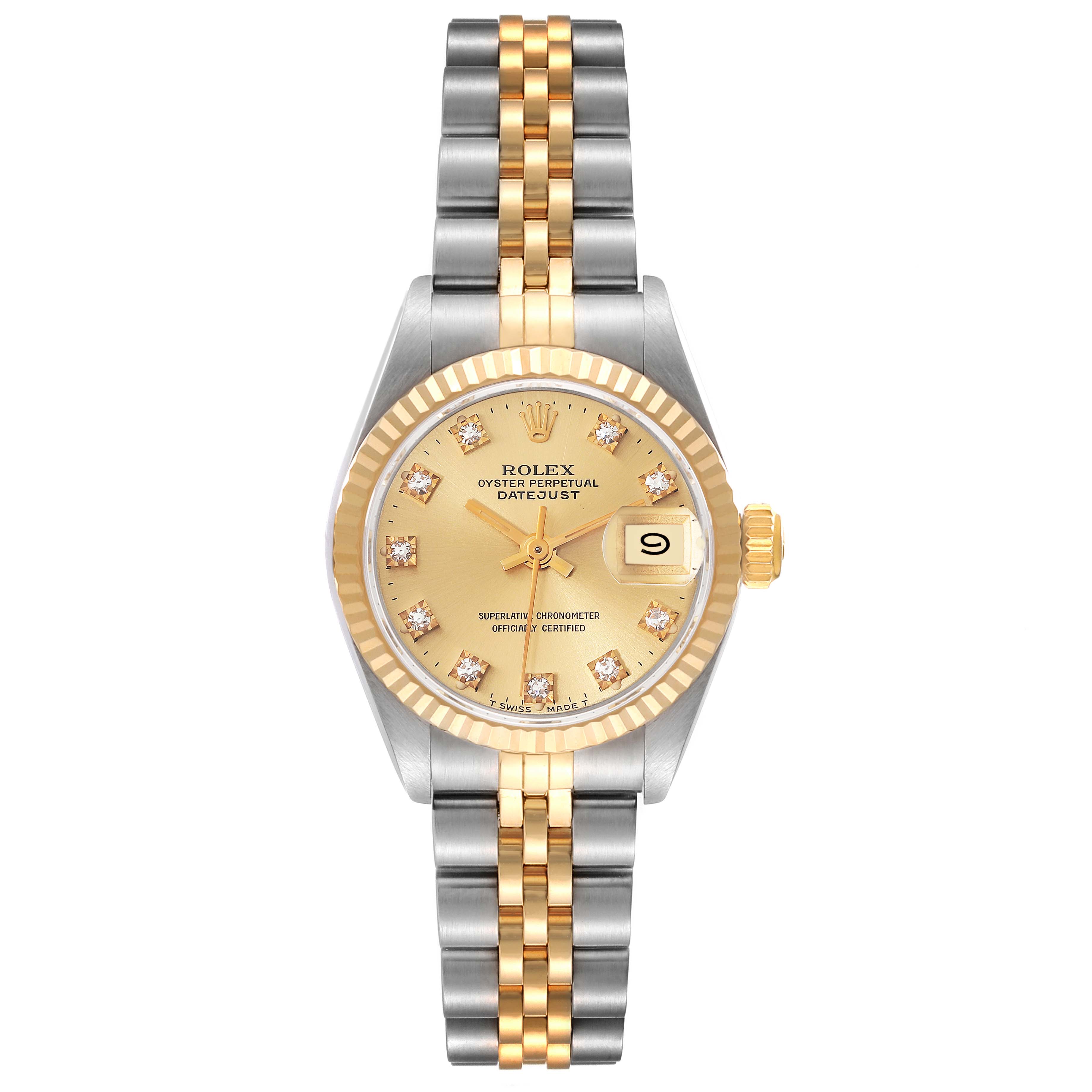 This image shows a front view of the Rolex Datejust 69173 Women's Steel and Gold (two tone) Champagne Dial 69173 Women's Steel and Gold (two tone) Champagne Dial watch, highlighting the dial, bezel, hands, and bracelet.