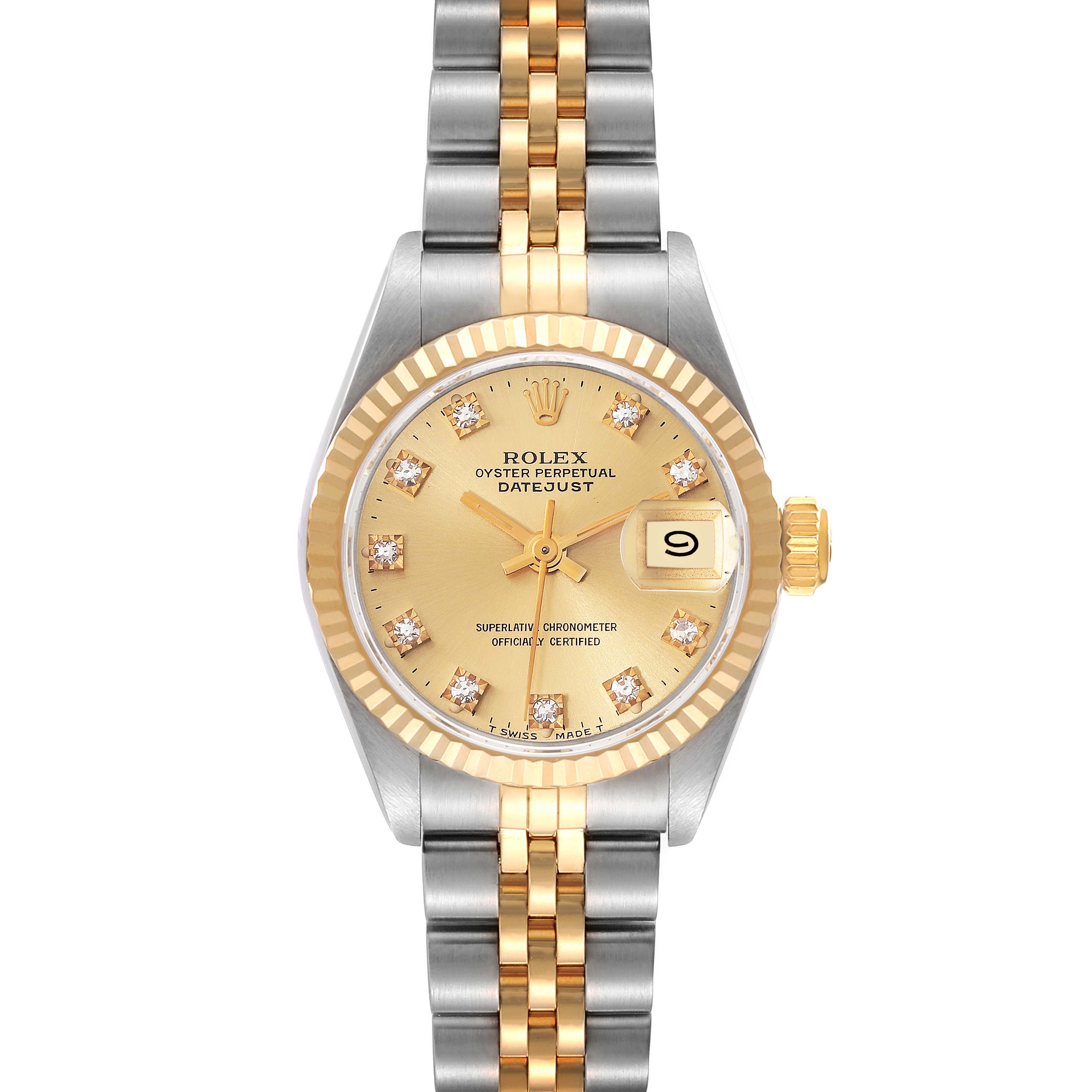 This image shows a Rolex Datejust 69173 Women's Steel and Gold (two tone) Champagne Dial 69173 Women's Steel and Gold (two tone) Champagne Dial watch from a head-on angle, highlighting its face, dial, and two-tone metal bracelet.