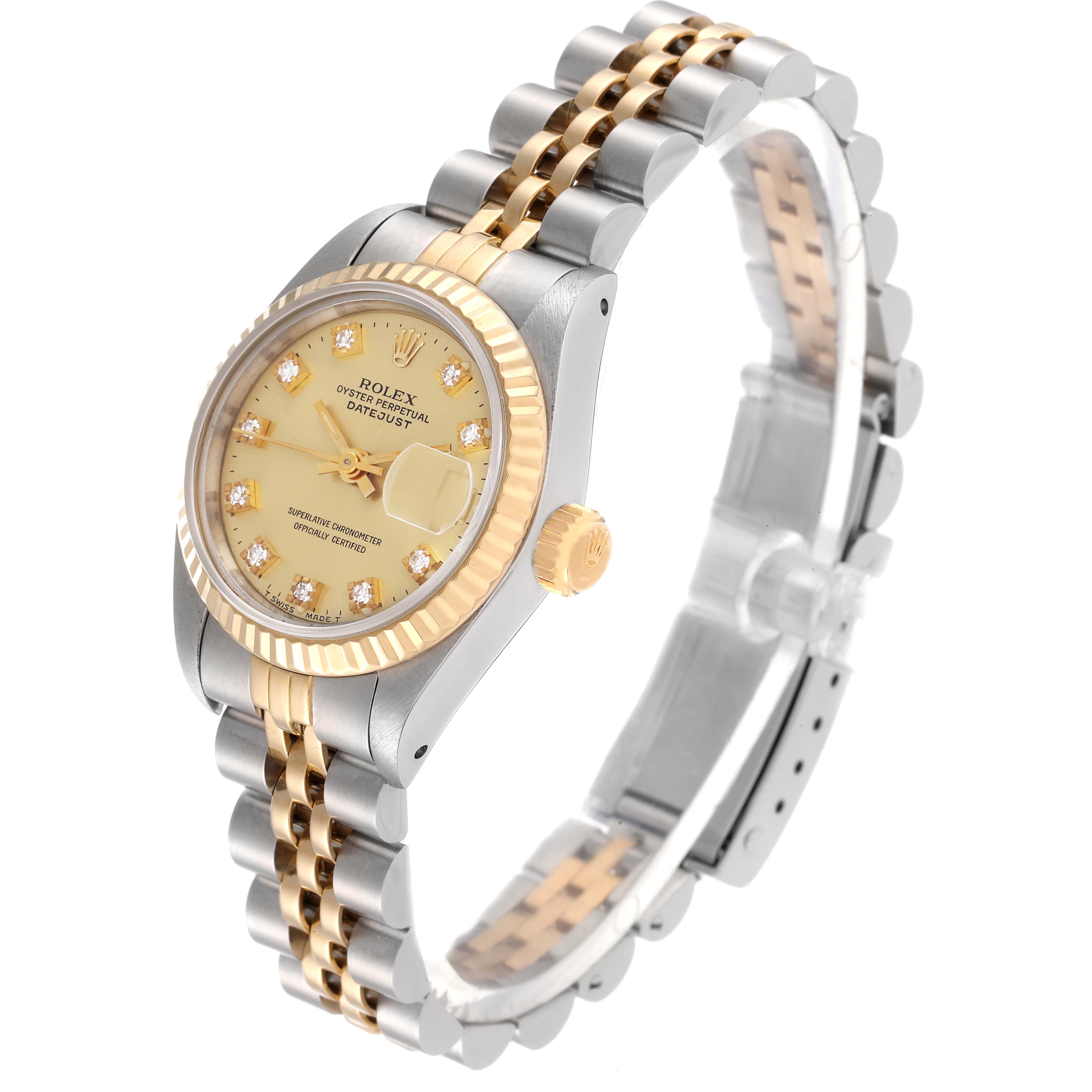 The Rolex Datejust 69173 Women's Steel and Gold (two tone) Champagne Dial 69173 Women's Steel and Gold (two tone) Champagne Dial watch is shown at a slight angle, highlighting its face, bezel, crown, and two-tone bracelet.