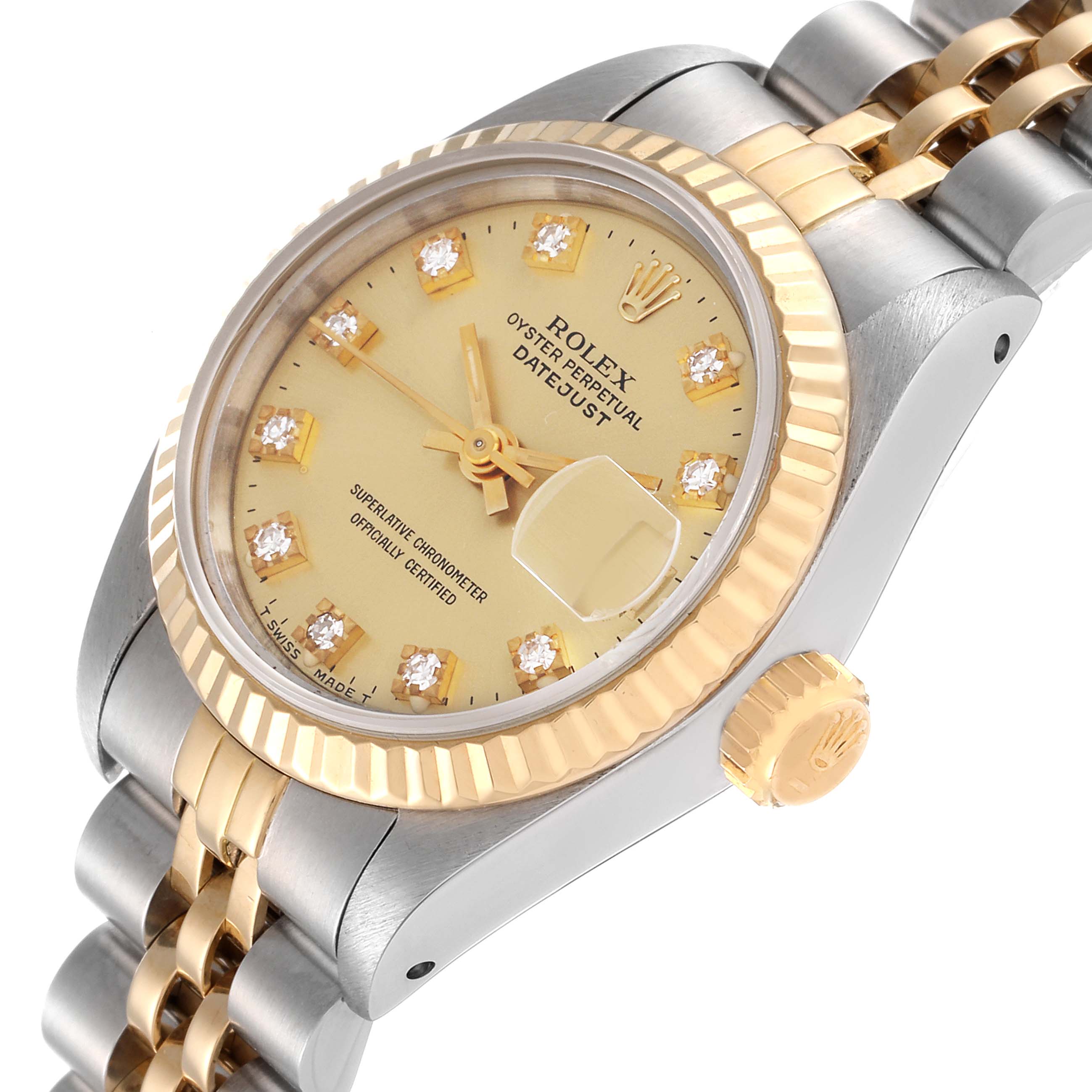 The image shows a Rolex Datejust 69173 Women's Steel and Gold (two tone) Champagne Dial 69173 Women's Steel and Gold (two tone) Champagne Dial watch at an angle highlighting the dial, bezel, crown, and part of the bracelet.