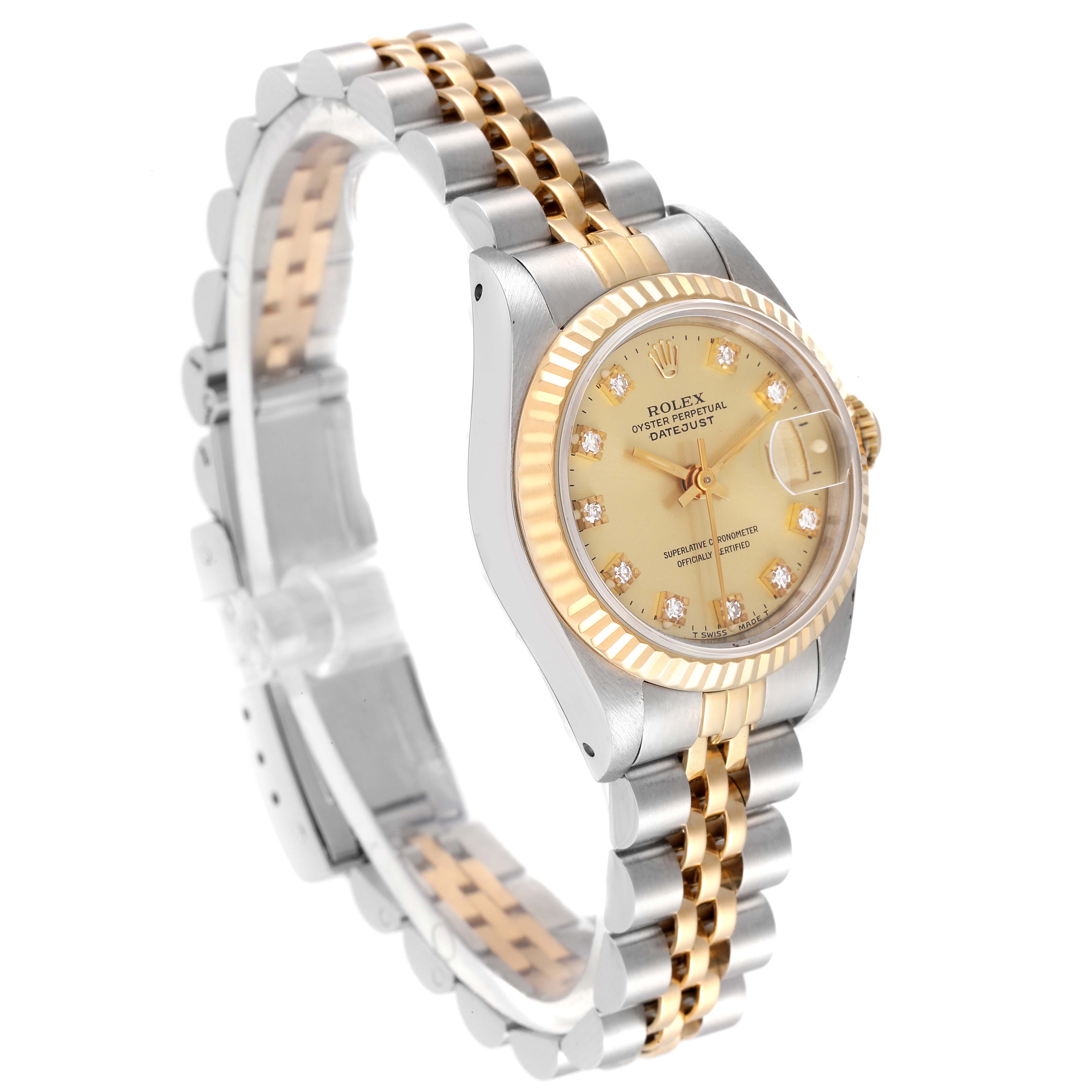 The image shows a Rolex Datejust 69173 Women's Steel and Gold (two tone) Champagne Dial 69173 Women's Steel and Gold (two tone) Champagne Dial watch at an oblique angle, highlighting its dial, bezel, crown, and two-tone bracelet.