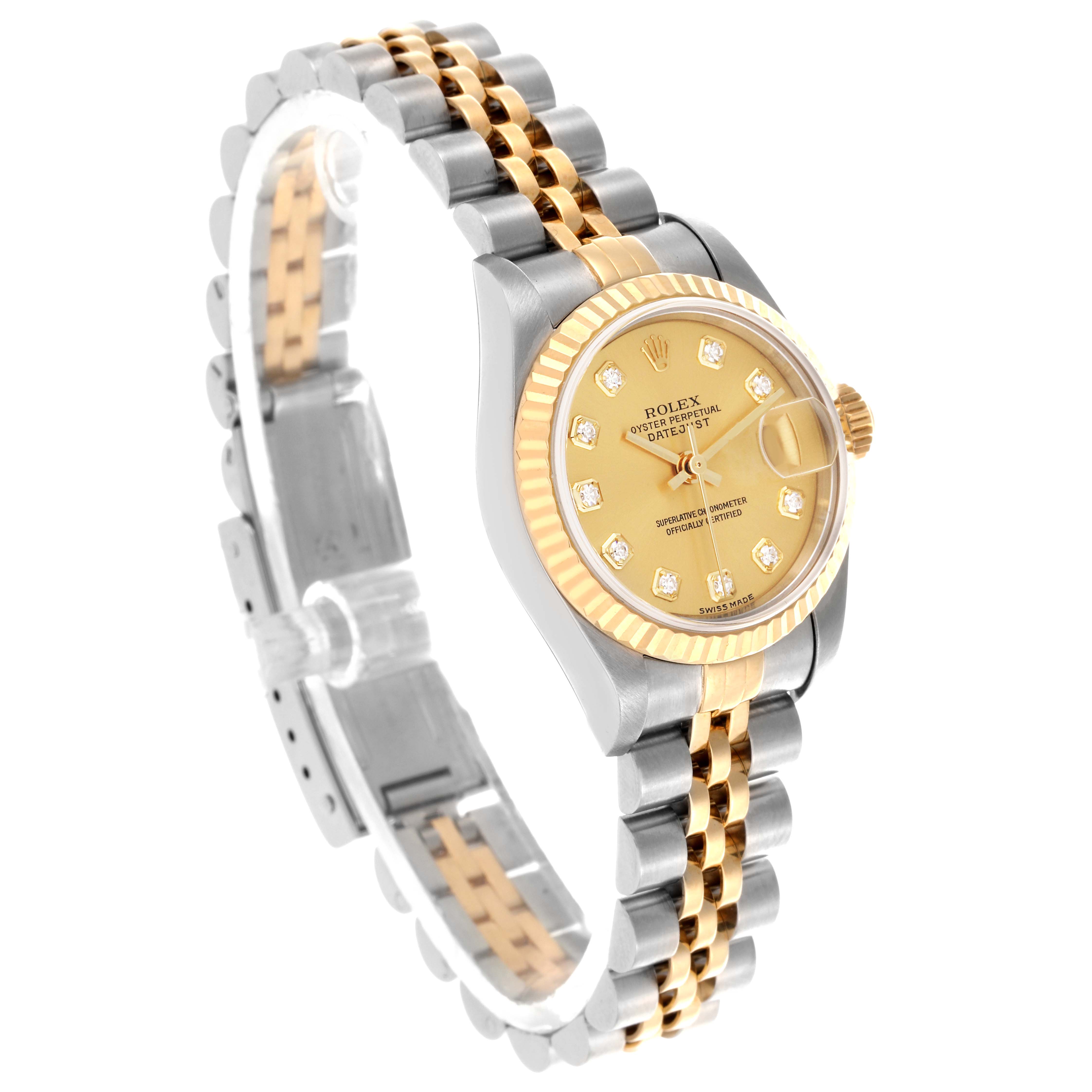 The Rolex Datejust 79173 Women
s Steel and Gold (two tone) Champagne Dial 79173 Women
s Steel and Gold (two tone) Champagne Dial is shown at an oblique angle, highlighting the dial, bezel, and Jubilee bracelet.